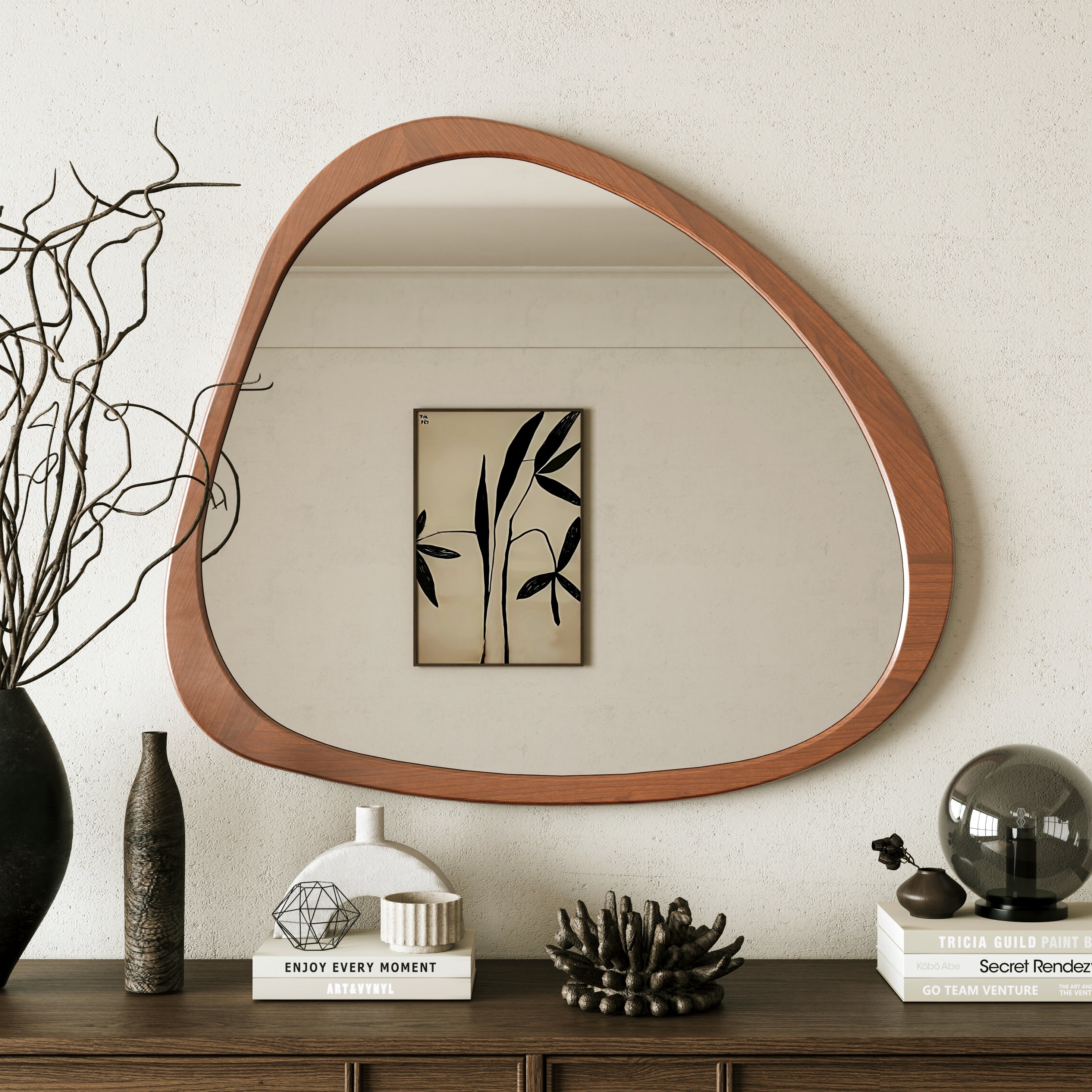 45" Wall Mirror with Curvy Shape and Pine Wood Frame