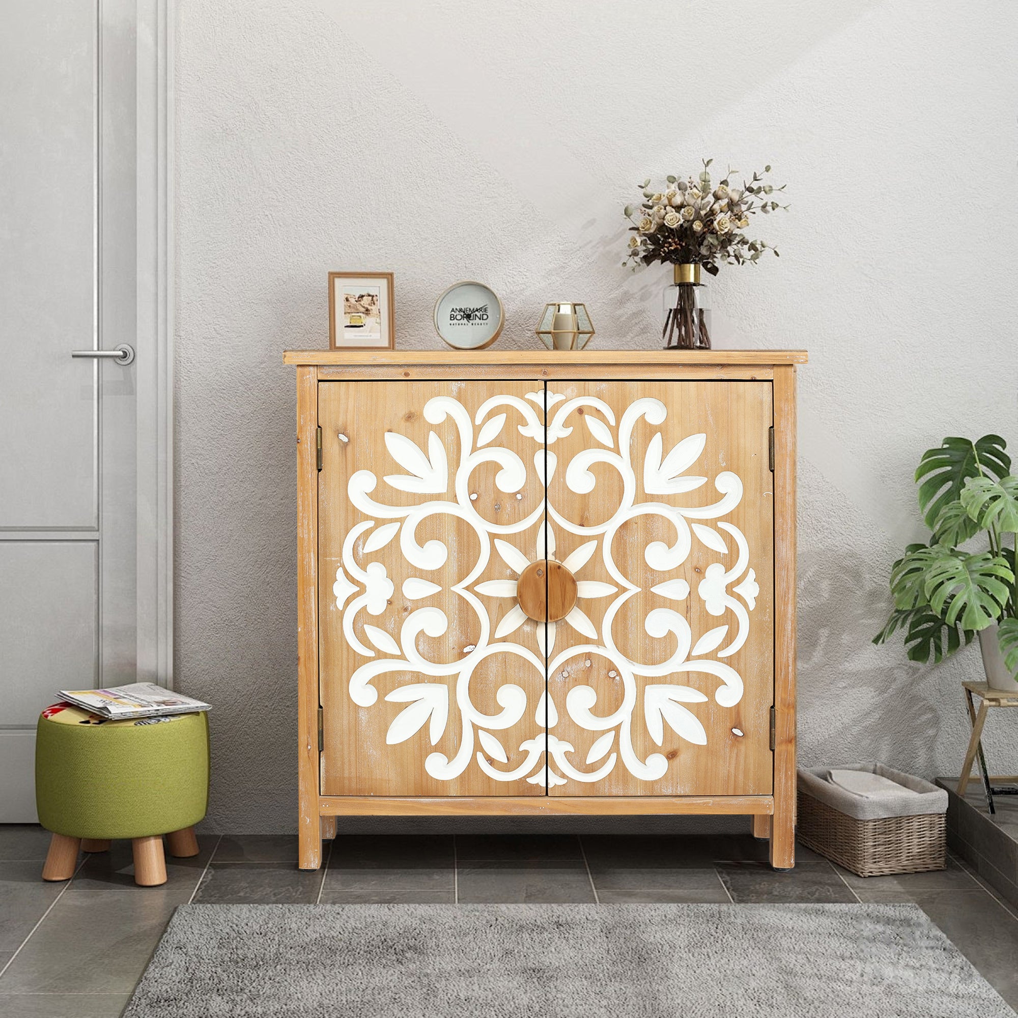 Maharaja Wooden Accent Cabinet with Floral Carved Doors
