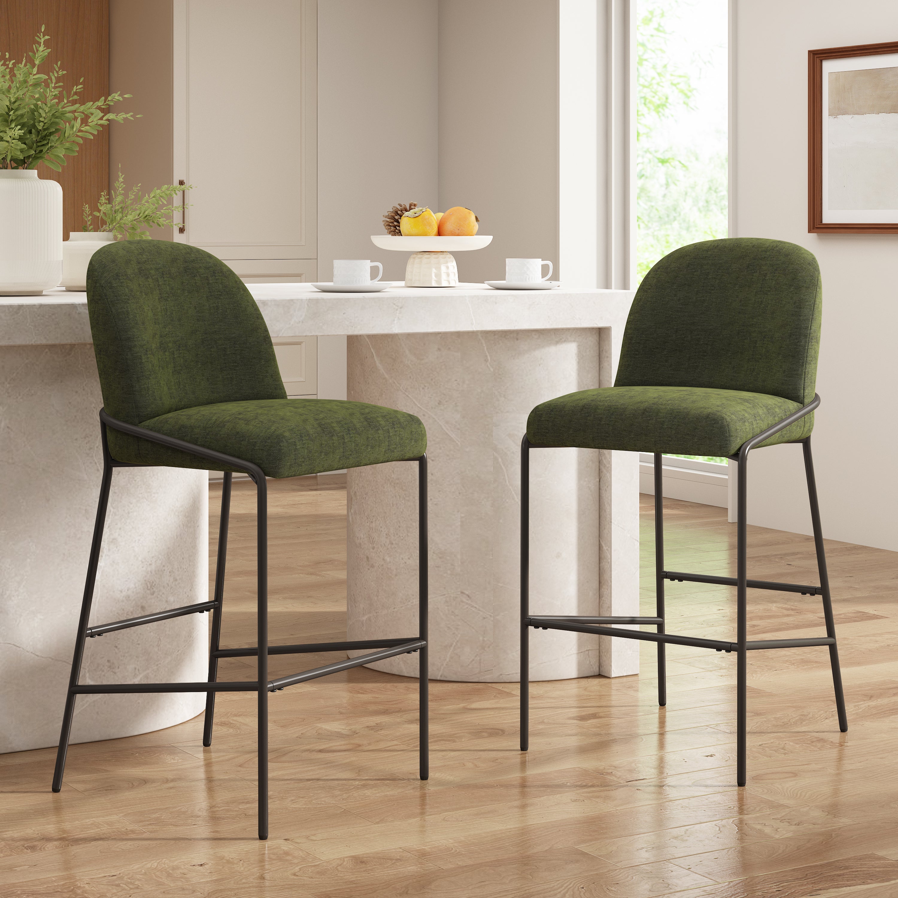 Galen Indoor Metal Upholstered Barstool, Antique Bronze Finish Frame with Green Fabric, Set of 2