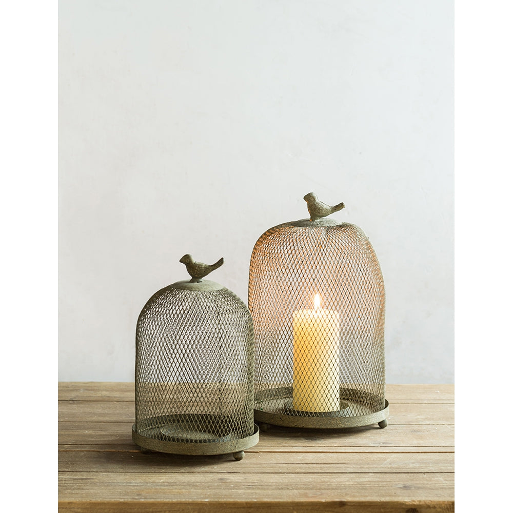 Candle Holder with a Bird Atop Domed Mesh, Set of 2
