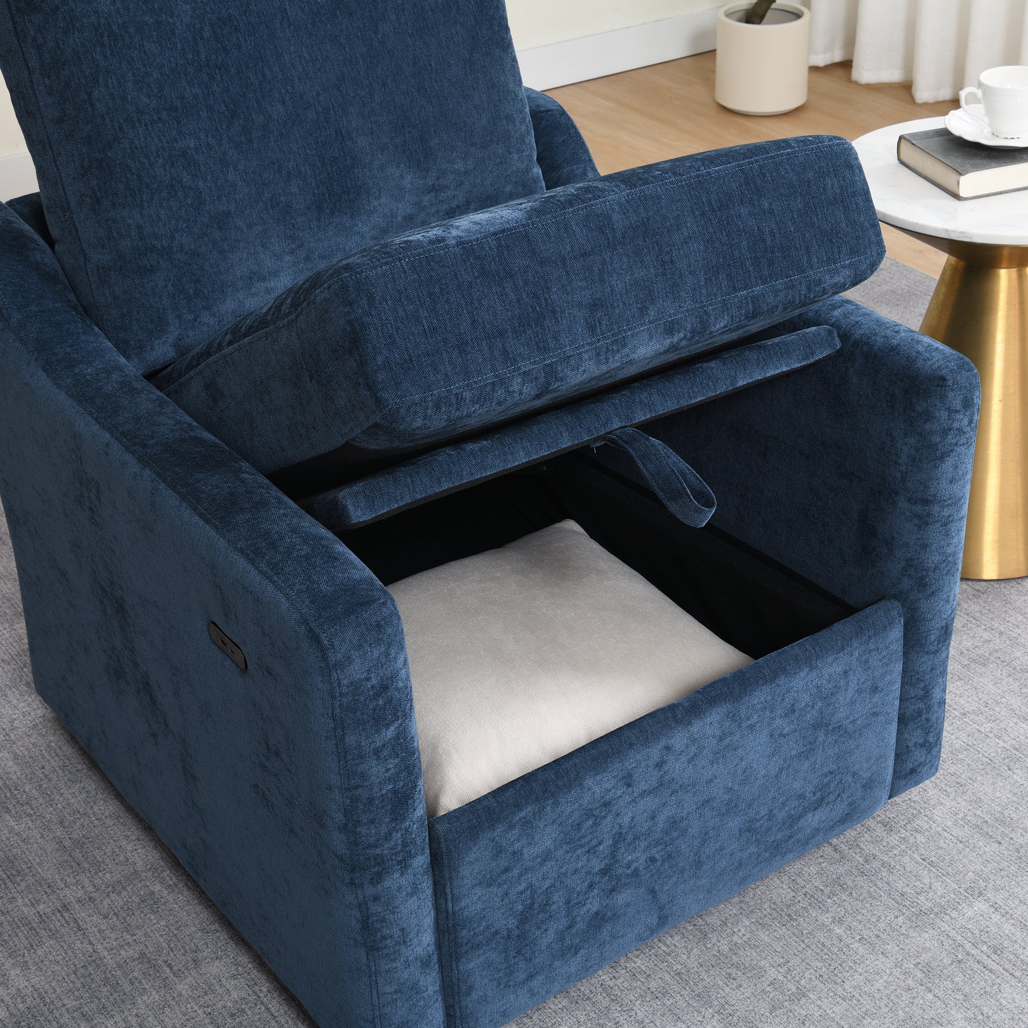 Chenille Swivel Arm Accent Chair With Charging Port and Pocket