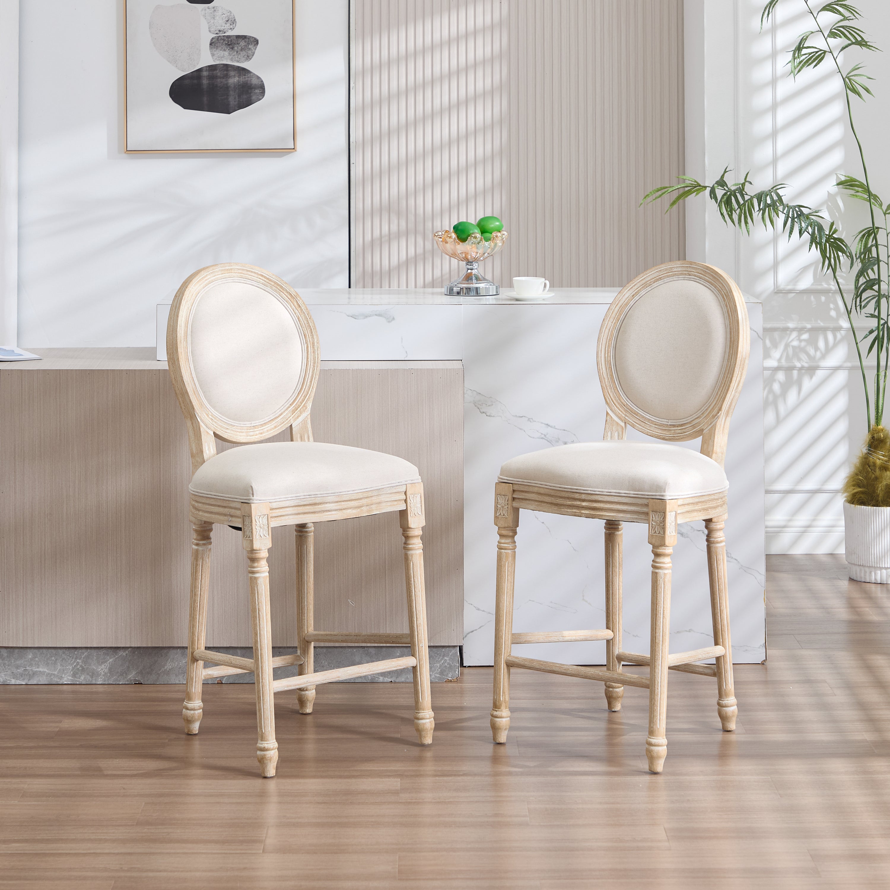Upholstered French Country 26'' Height Bar Chairs with Round Back, Set of 2