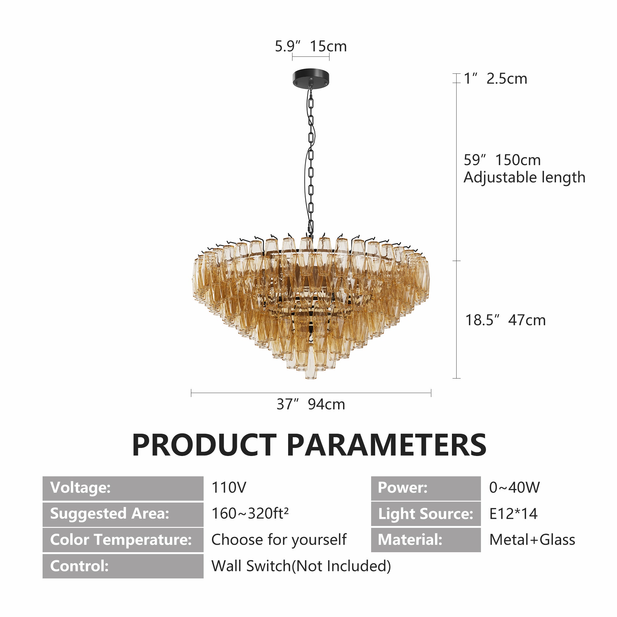 37" Extra Large Chandelier, 14-Light Gold Modern Round Chandelier for Living Room, Tiered Smoke Blown Glass Brass Chandeliers, Hanging Light Fixture for Bedroom, Dining Room, Foyer, Entryway