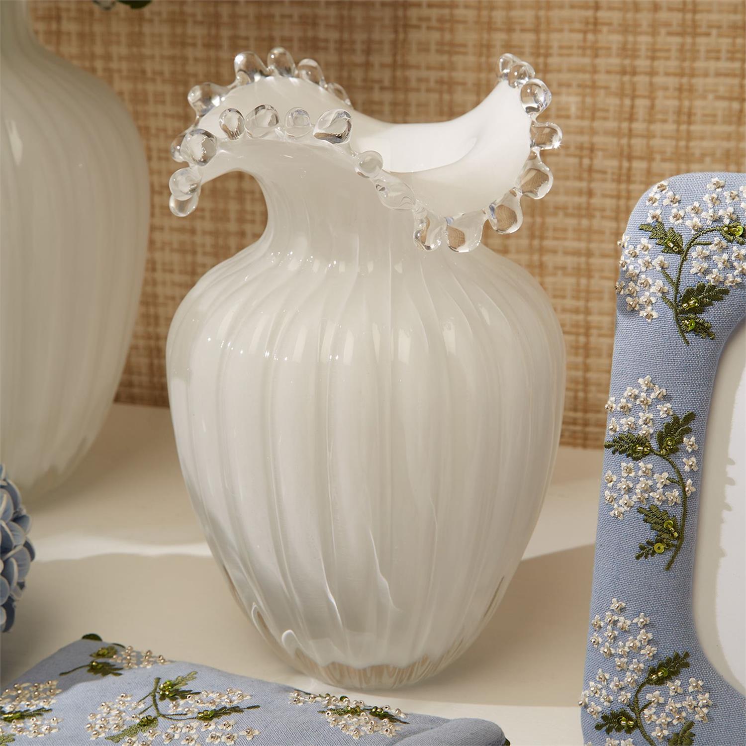 Glass Pearl White Vases, Set of 2