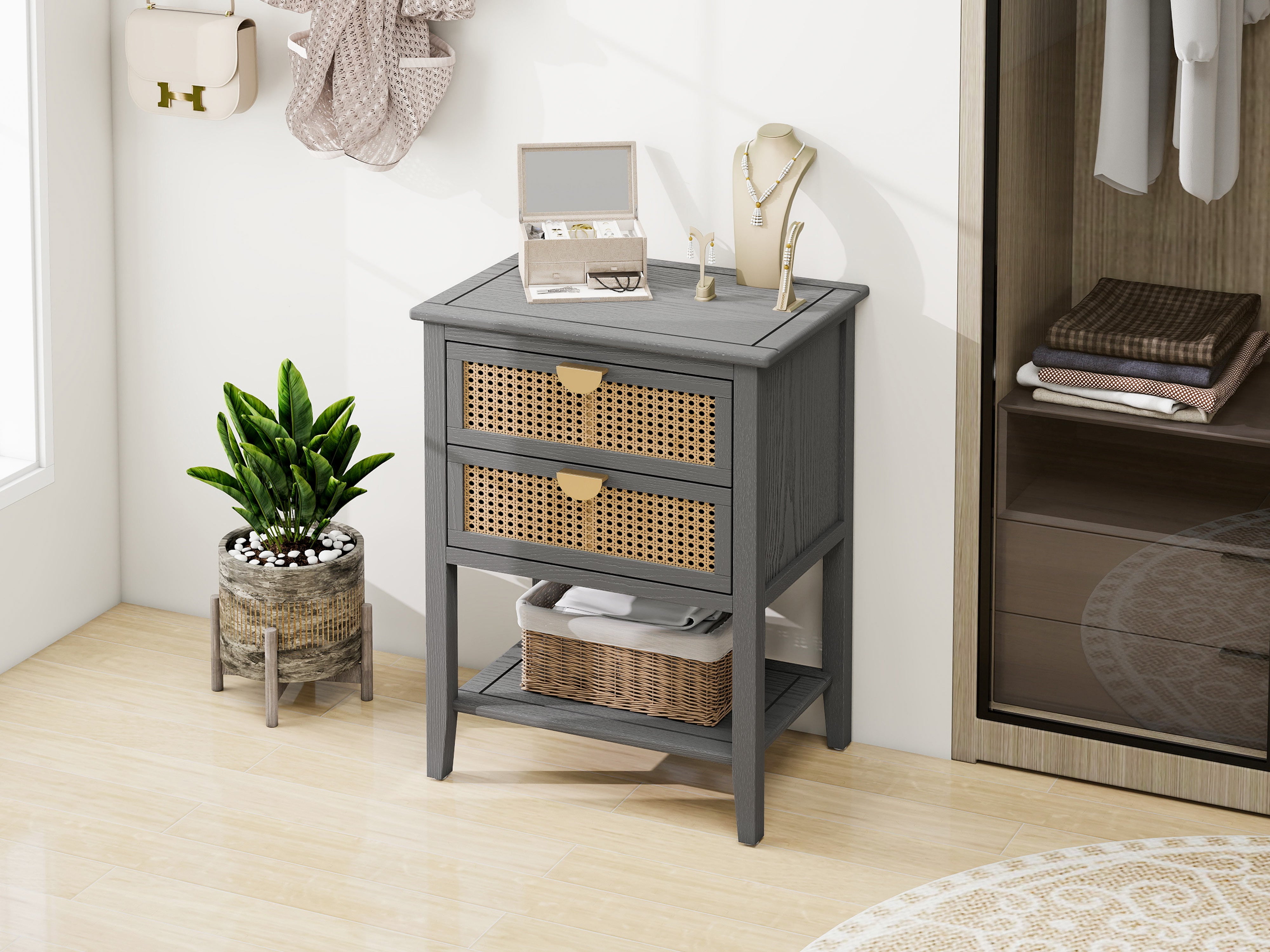2-Drawer Side Table with Natural Rattan Drawers