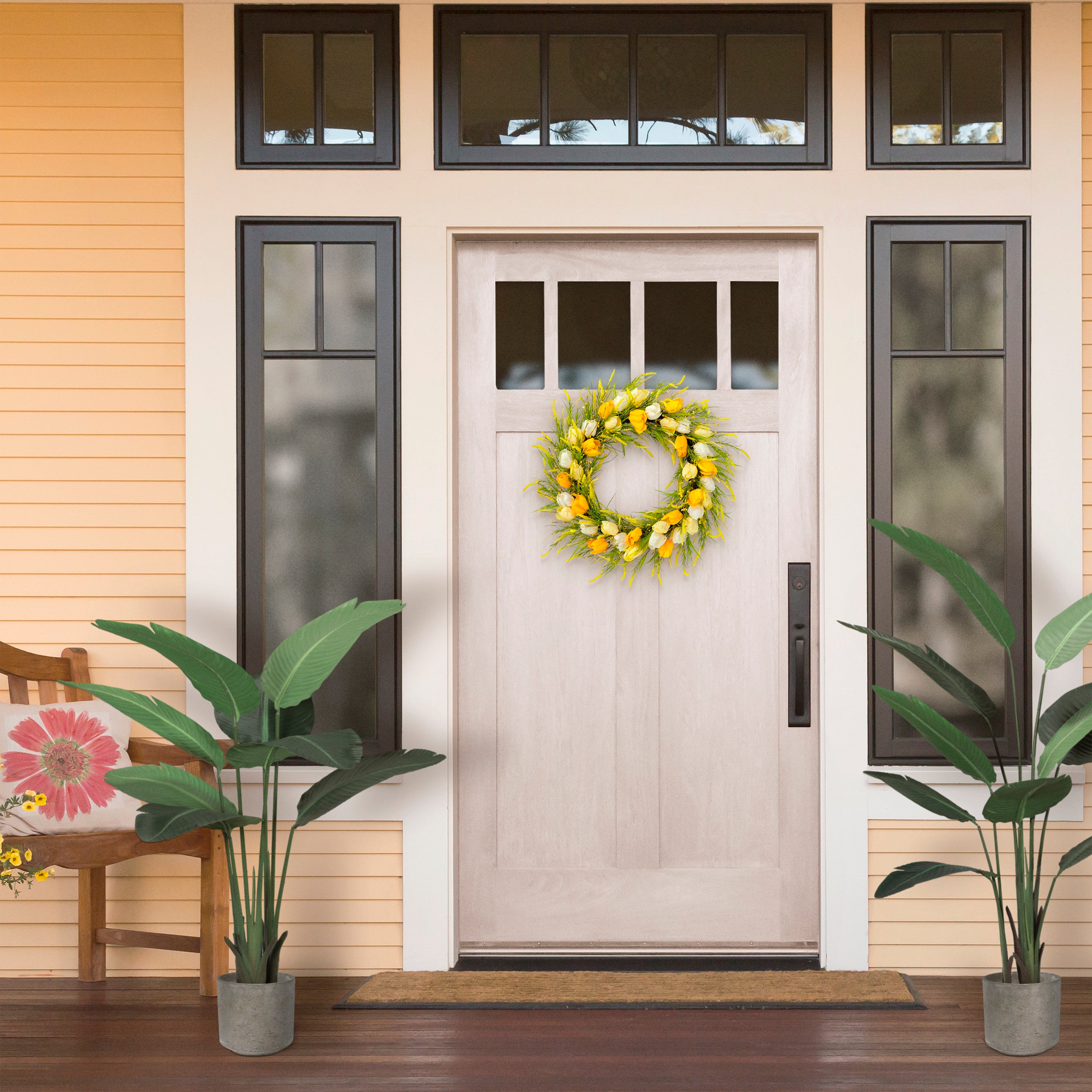 30" Artificial Green and Yellow Tulip Floral Spring Door Wreath