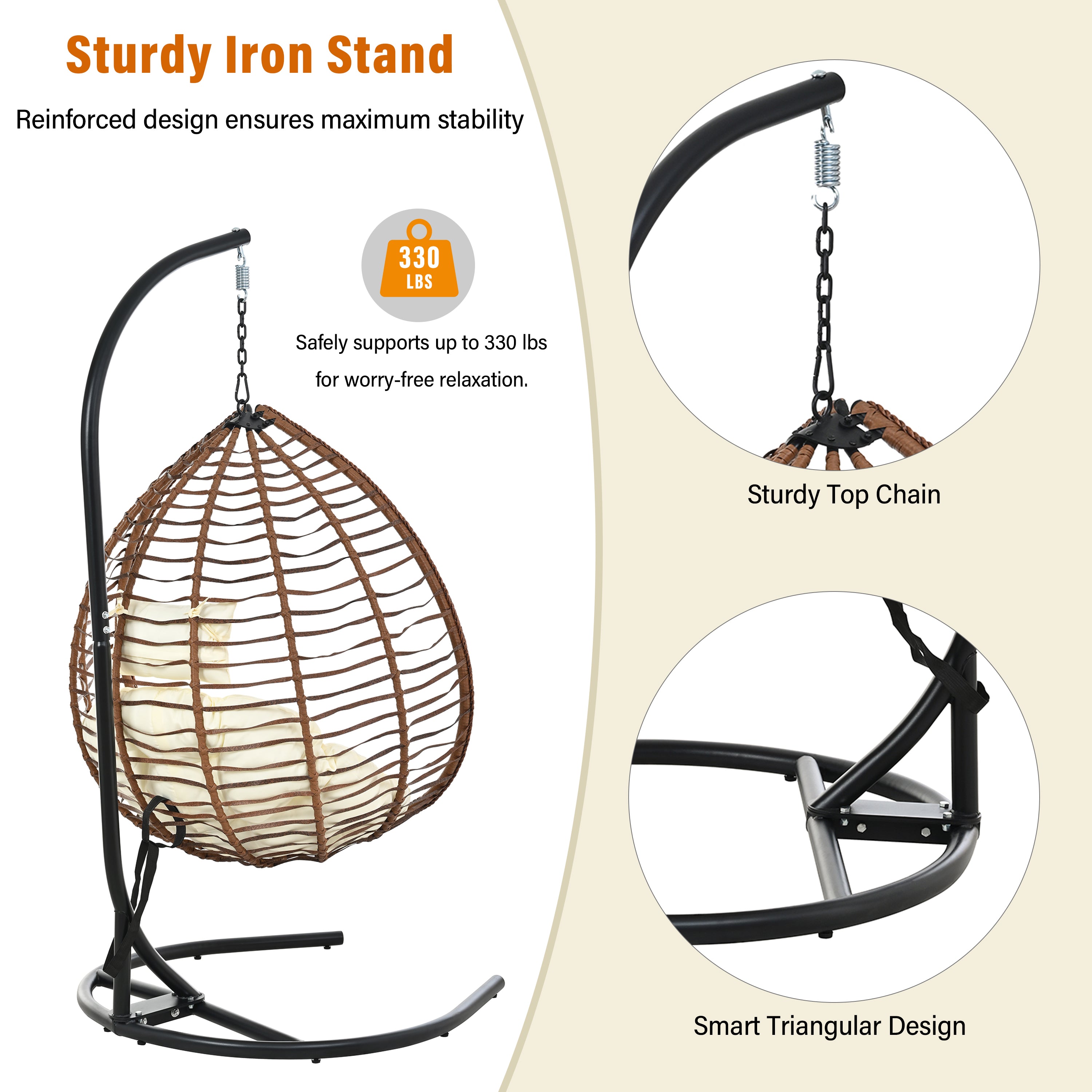 Foldable Rattan Egg Swing Chair with Iron Frame, Plush Cushion & Removable Headrest