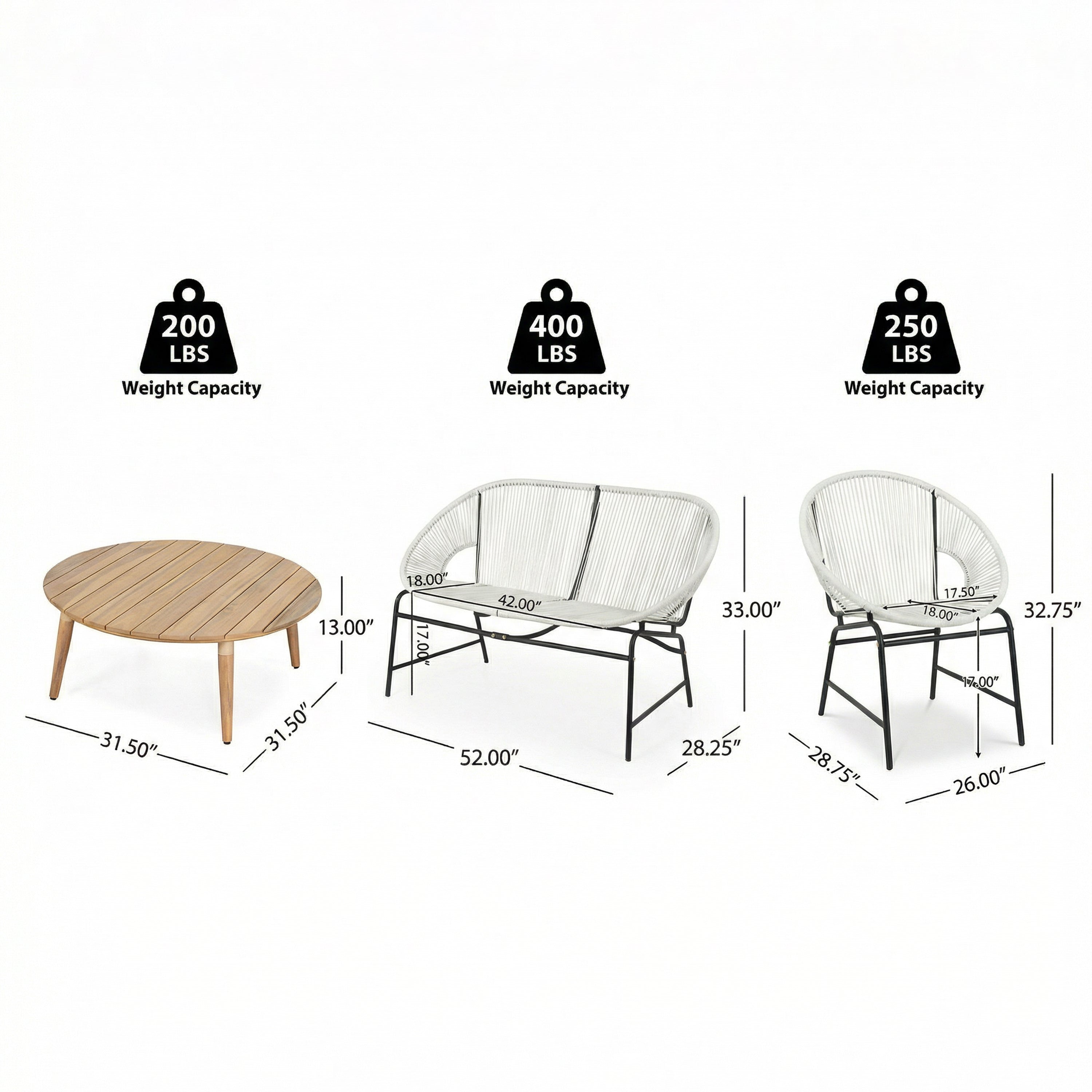 NUSA OUTDOOR PATIO 4-PCS CHAT SET, TEAL PE RATTAN & IRON FRAM FURNITURE, ACACIA WOOD TABLE