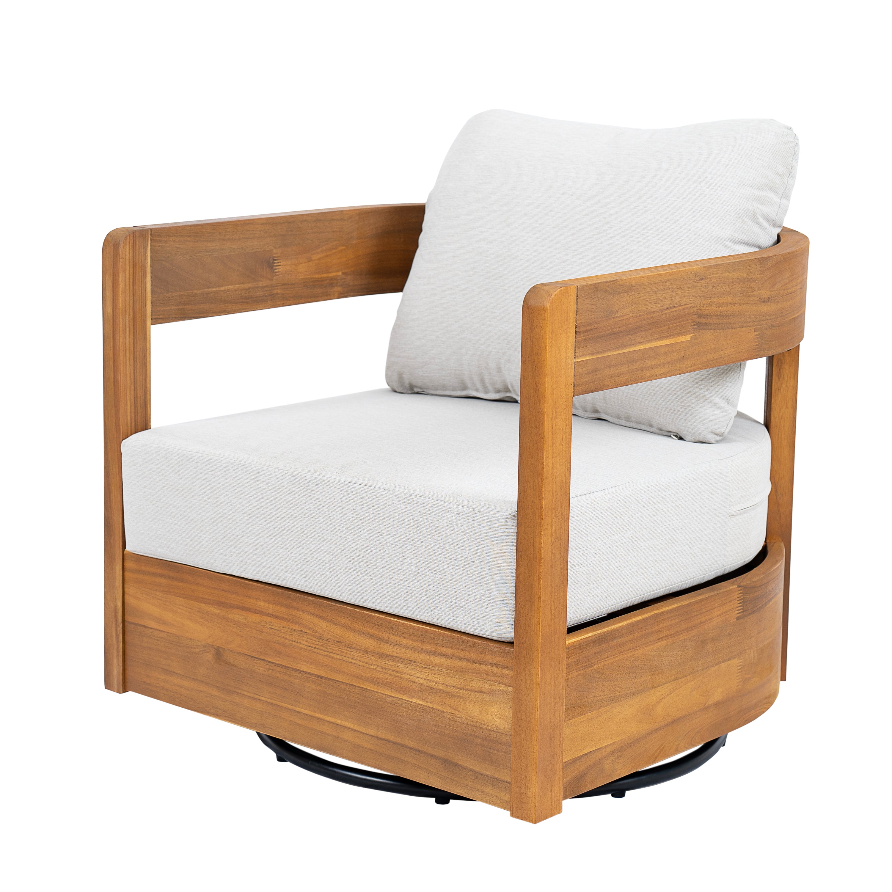 Telluride Outdoor Wood Swivel Club Chair with Beige Cushion