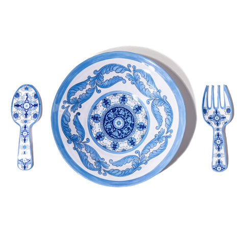 Barocco 16" Outdoor Salad Bowl & Salad Servers Set - Blue
