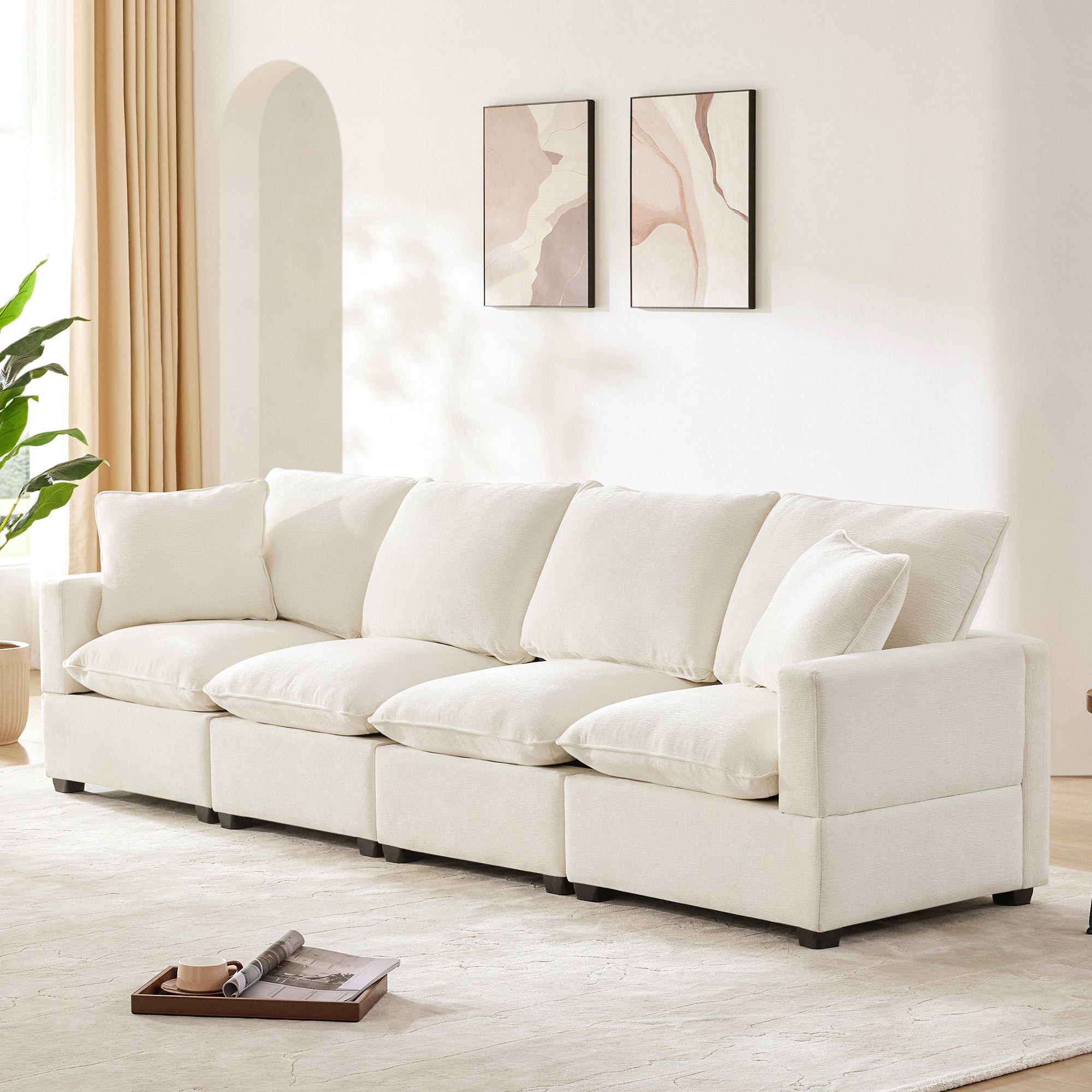 Chenille Modular Sofa with 2 Pillows, Seats 4