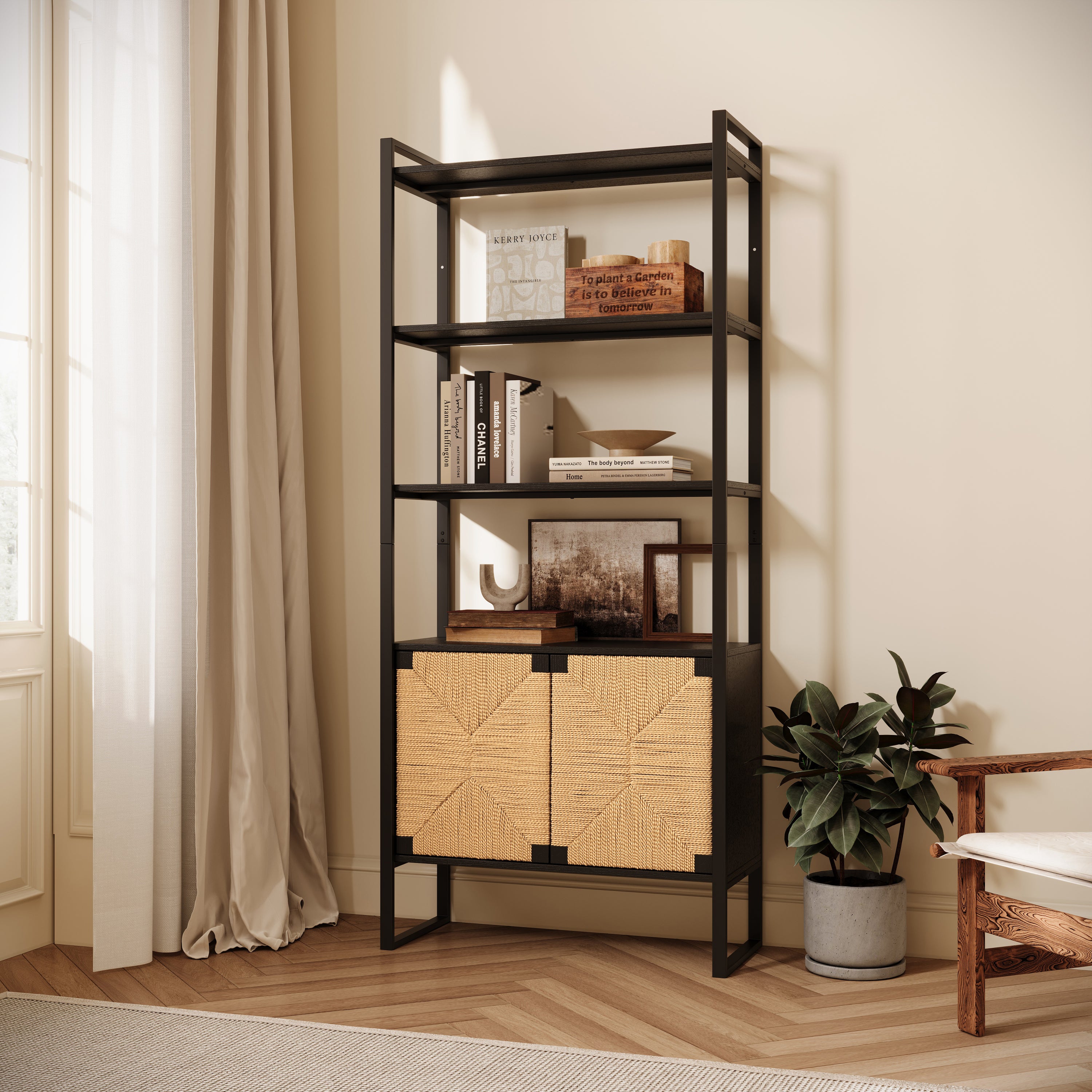 Natural Rattan Dual-Function Open Display Shelf with Closed Cabinet