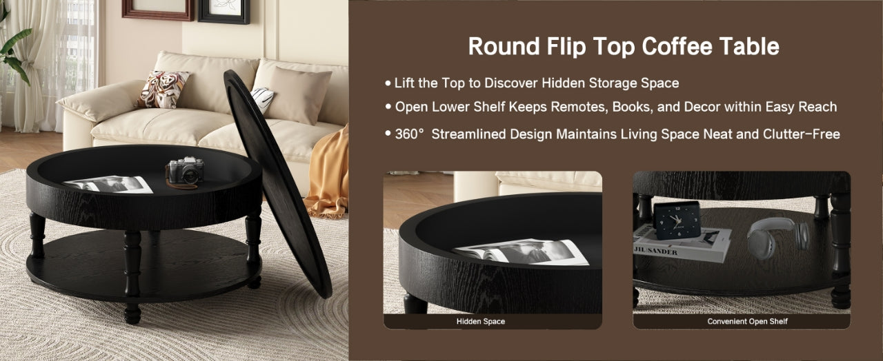 Traditional Round Coffee Table with Storage and Hidden Compartment