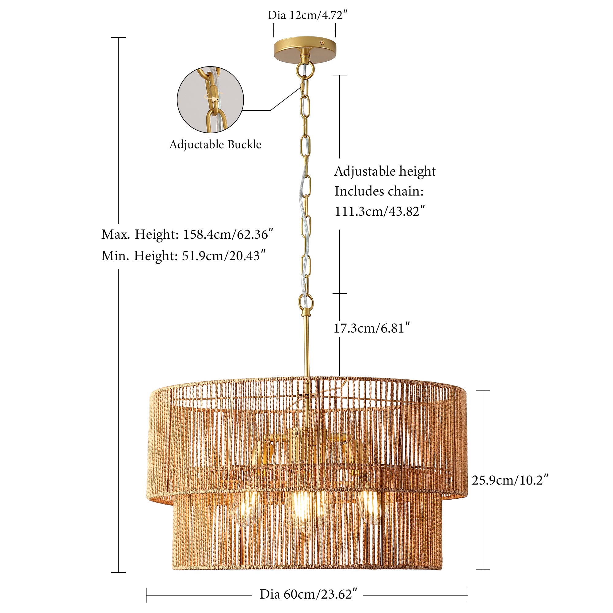 Handwoven Rattan Chandelier, 2-Tier Boho Wabi-Sabi Pendant Light