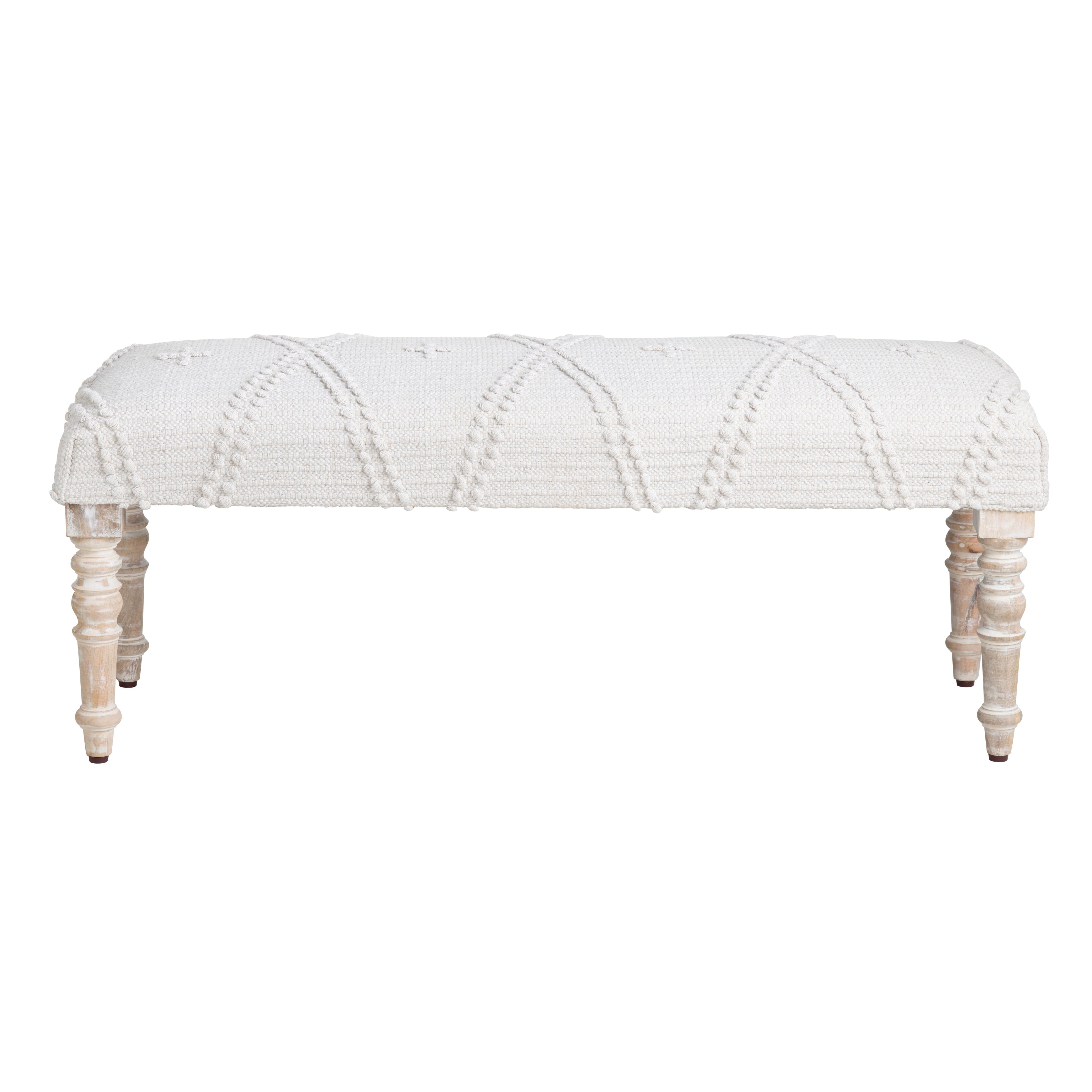White Upholstered Accent Bench with Cream Solid Wood Frame