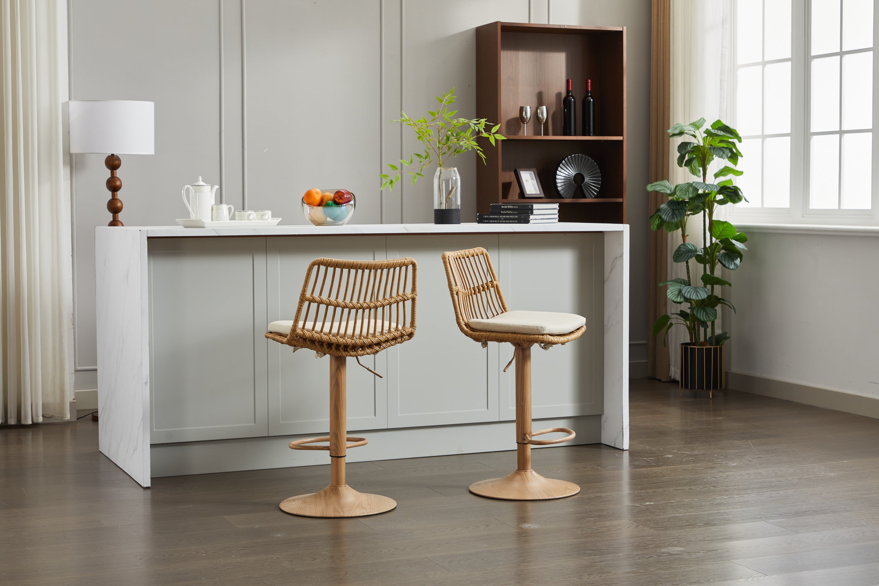 Swivel Bar Stool with Wicker Design and Footrest, Set of 2