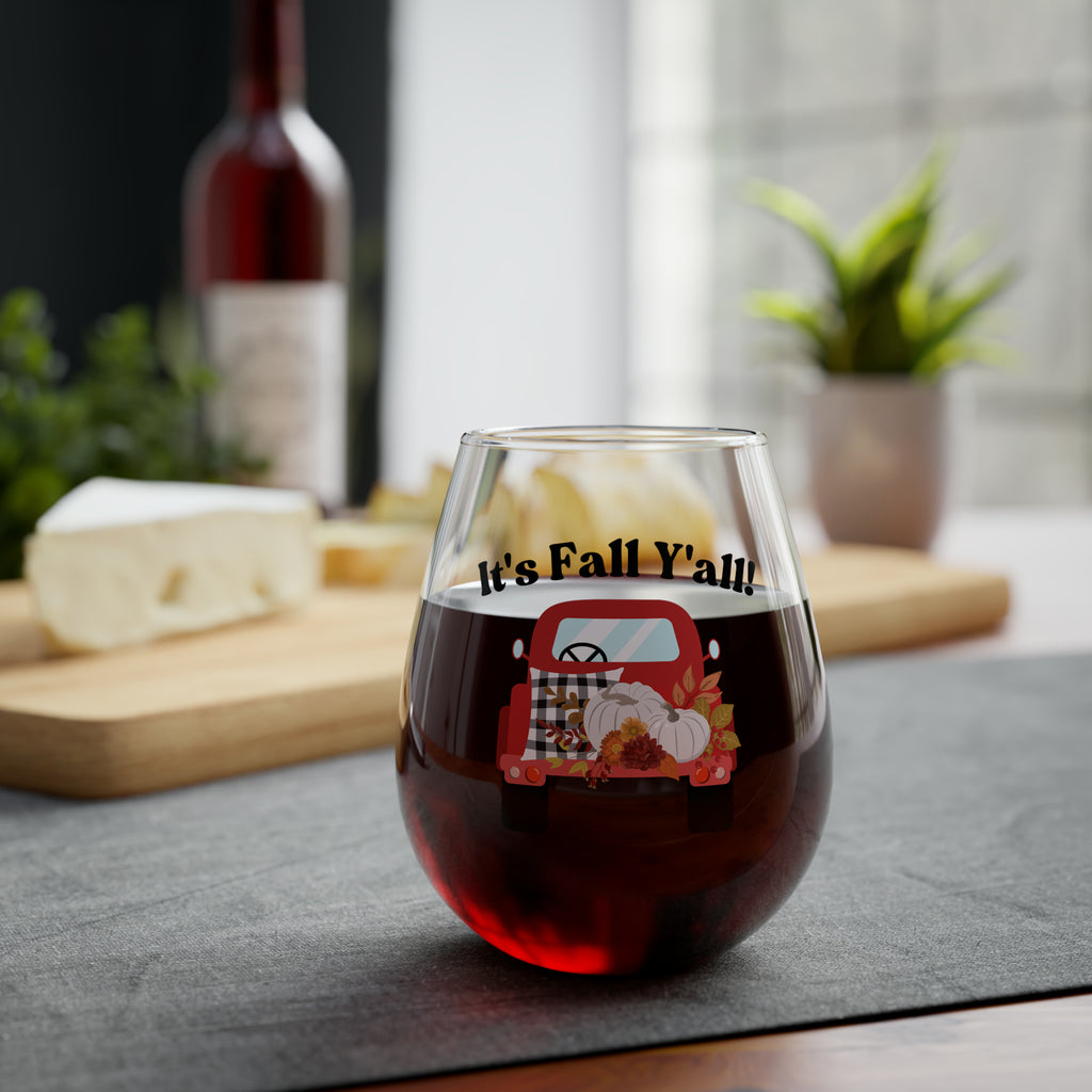 It's Fall Ya'll Red Harvest Truck Stemless Wine Glass