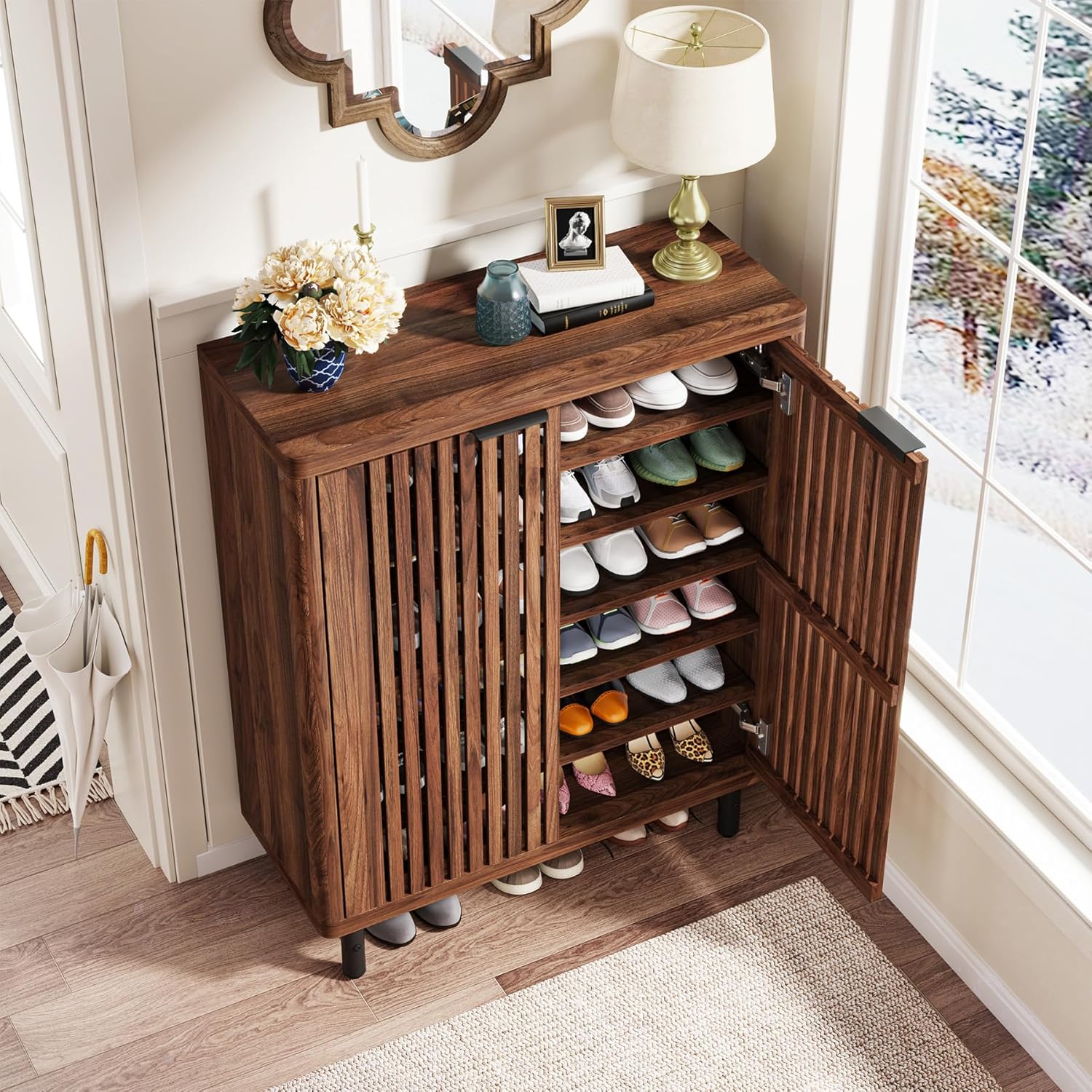 Modern Black Wooden 6-Tier Shoe Cabinet with Louvered Doors – Pier 1