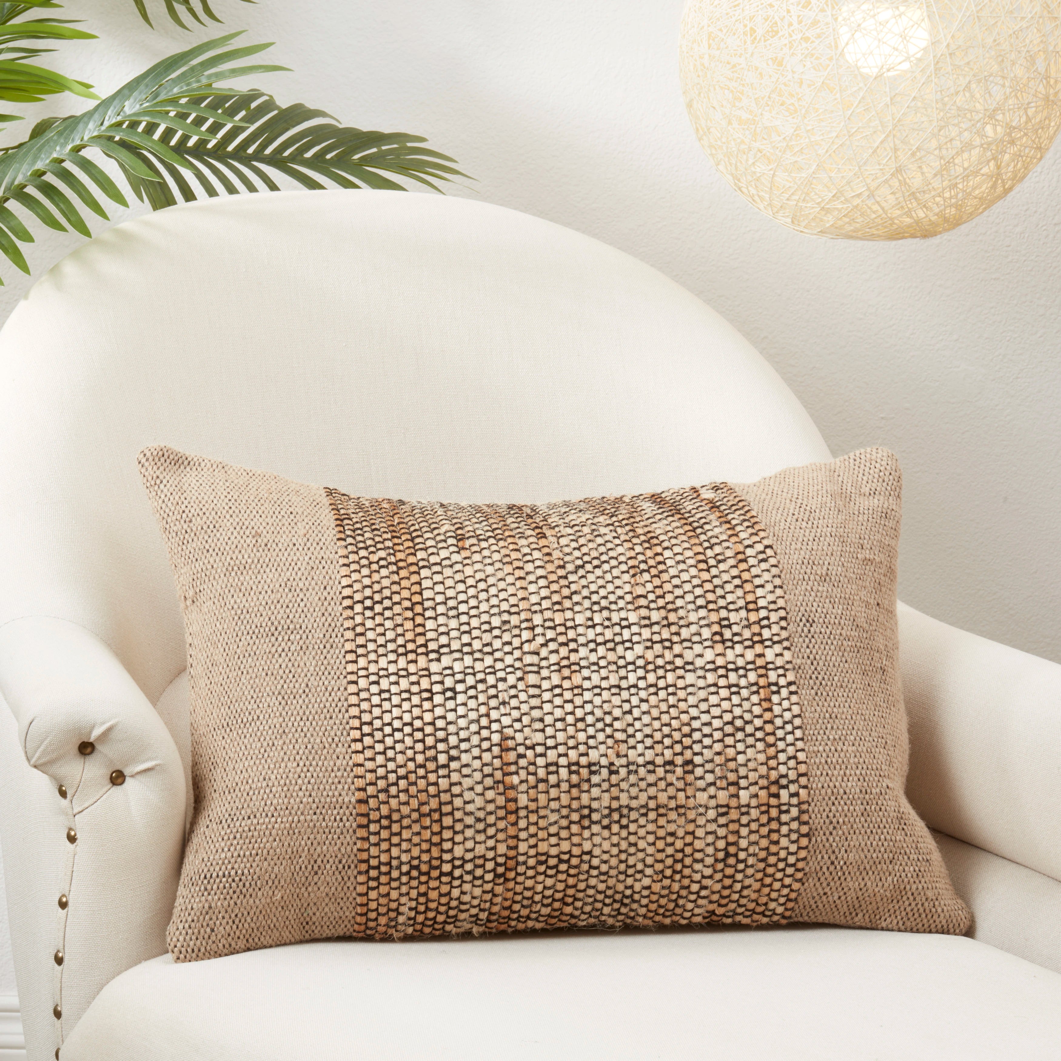 Earthy Jute Banded Outdoor Polyester Filled Throw Pillow