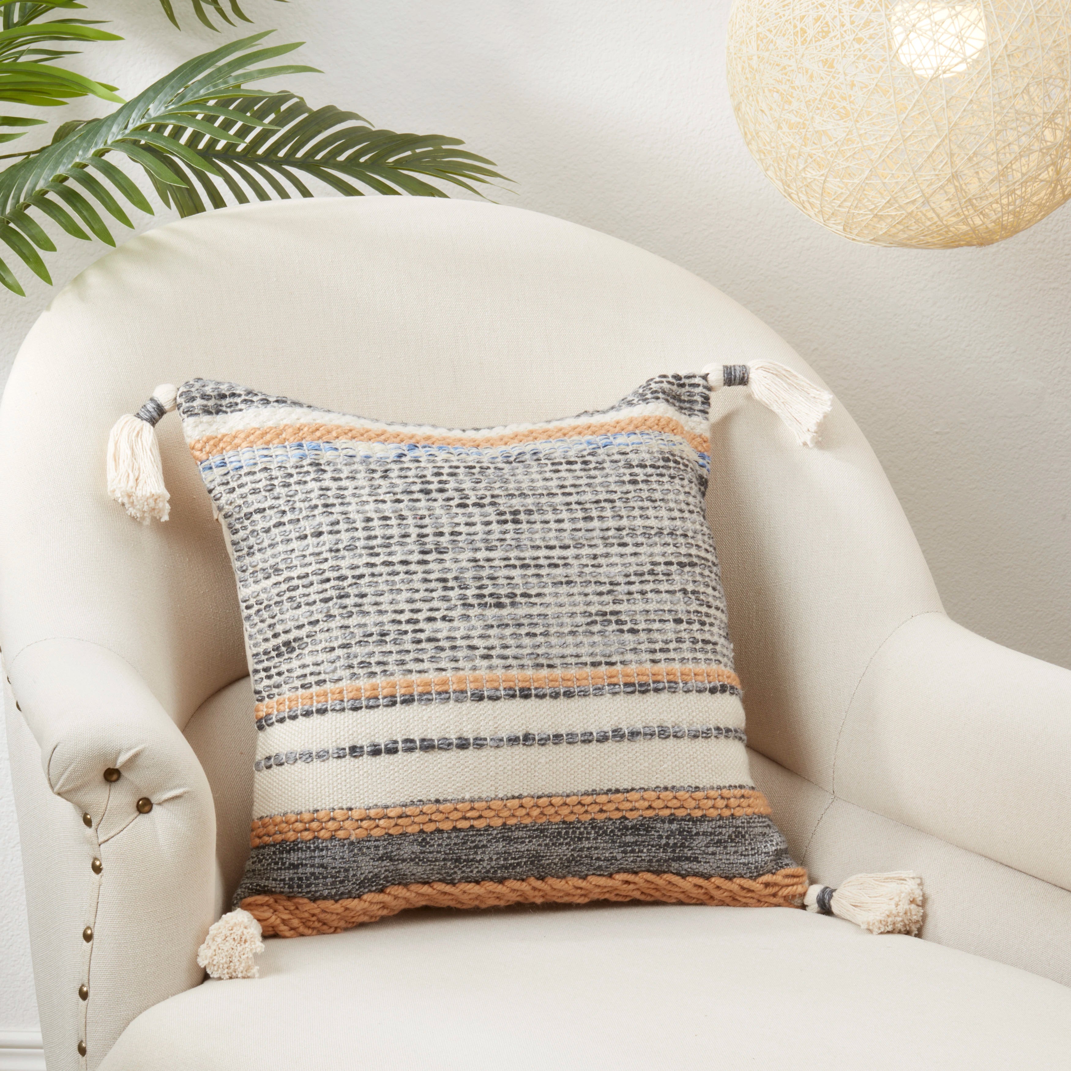 Color Band Fringed Outdoor Polyester Filled Throw Pillow
