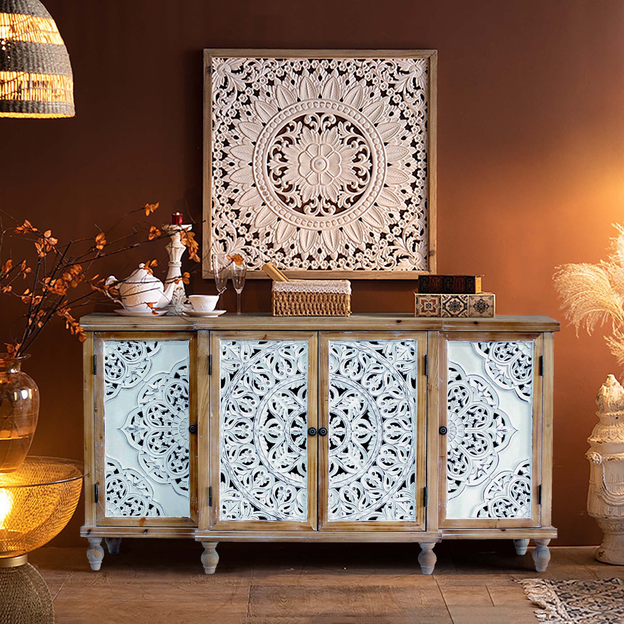 4-Door Hollow-Carved Accent Cabinet with Adjustable Shelves