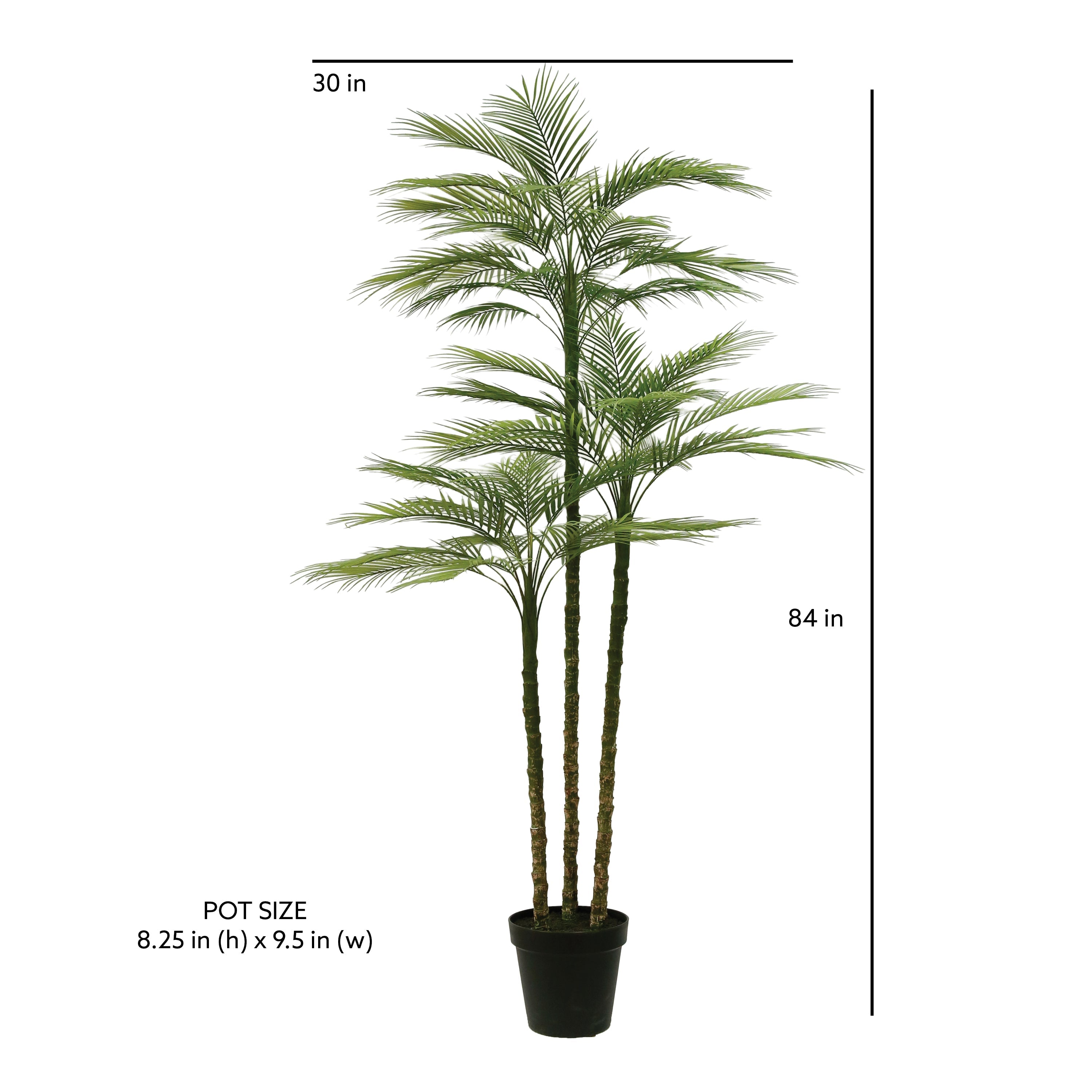 CG Hunter Artificial Palm Tree 7' in a sleek black 9.5" grower pot dimension spec image with pot and plant dimensions