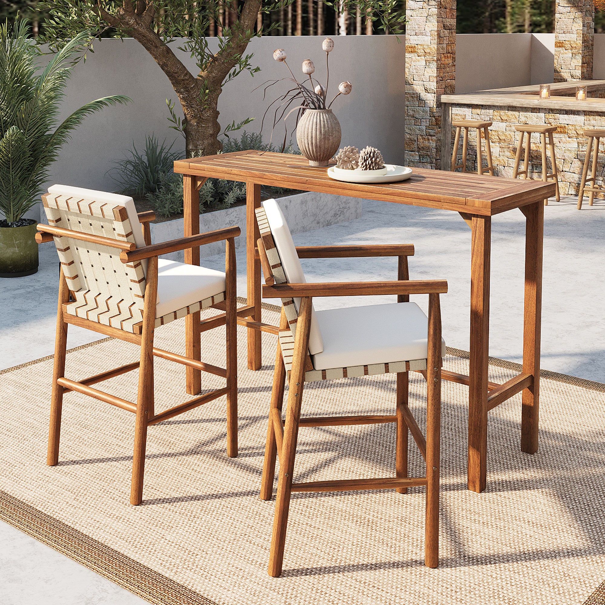 3 Piece Outdoor Bar Set with Acacia Wood Bar Height Table & 2 Stools with Cushions