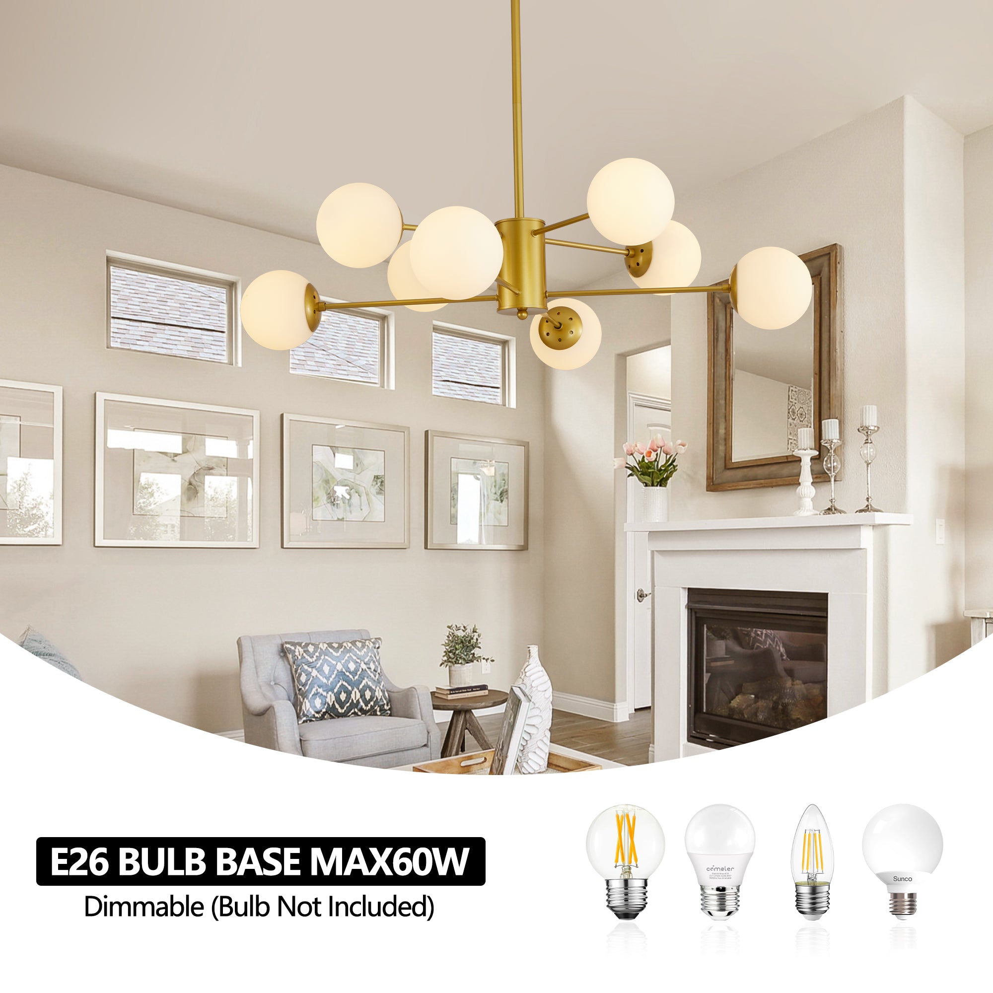 35" 8-Light Chandelier with White Glass Globe Shades