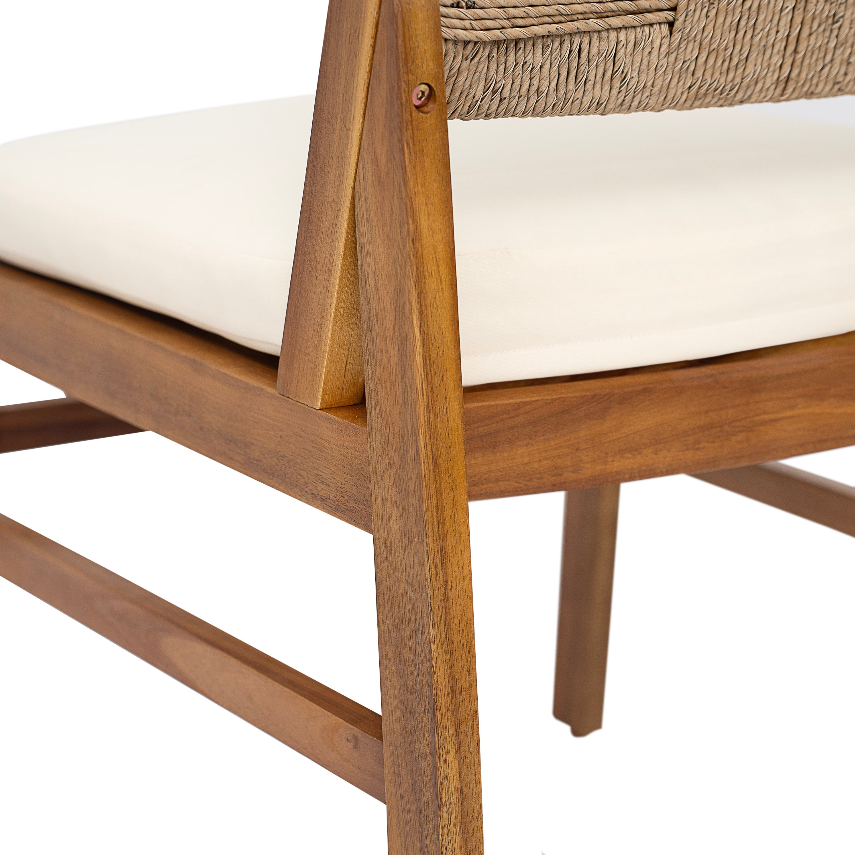 Monica Outdoor Wood and Wicker Woven Dining Chair with Cushions, Set of 2