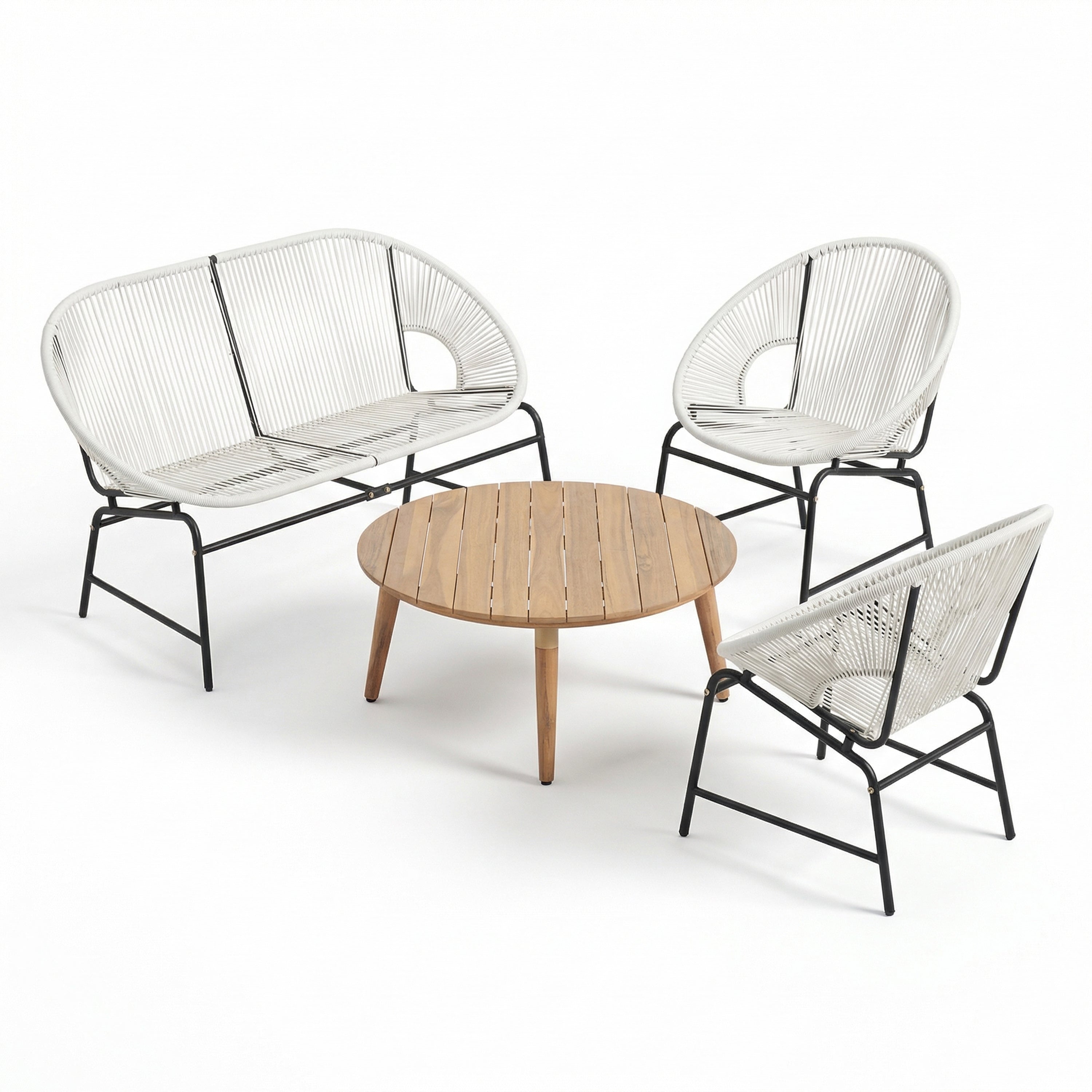 NUSA OUTDOOR PATIO 4-PCS CHAT SET, TEAL PE RATTAN & IRON FRAM FURNITURE, ACACIA WOOD TABLE