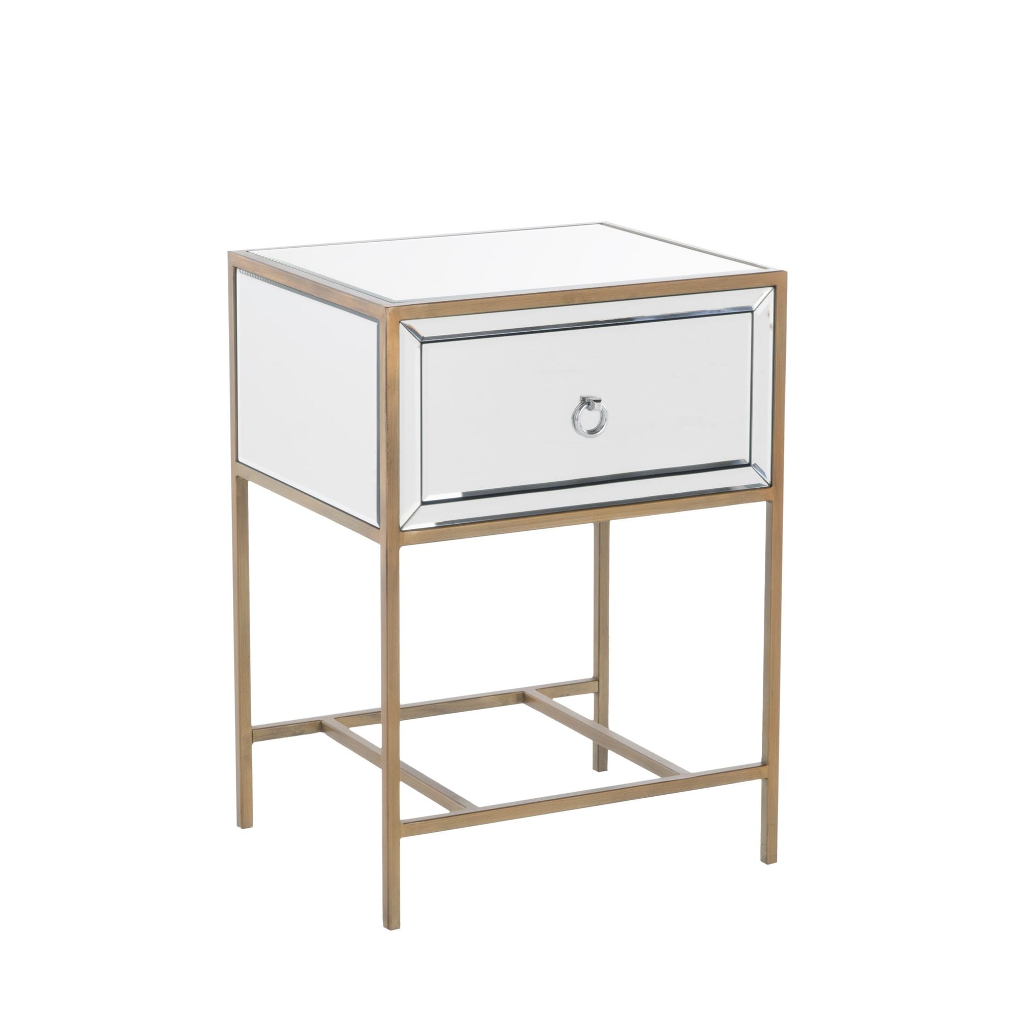 Mirror Side Table with Drawer and Metal Frame