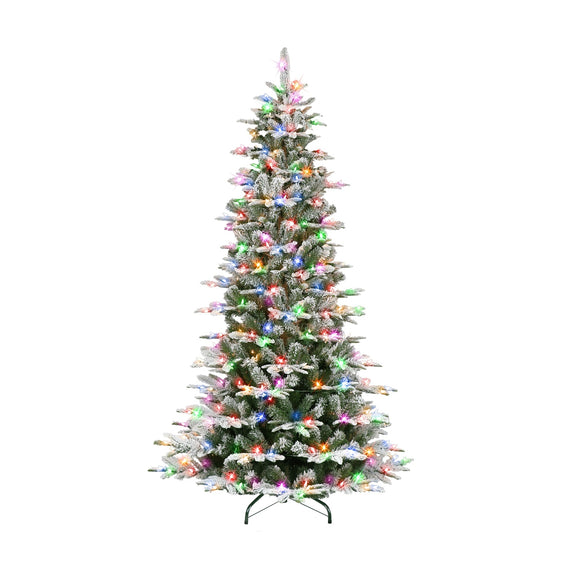 7.5 ft Pre-lit Slim Flocked Aspen Fir Artificial Christmas Tree with Multi-Color Lights & Metal Stand