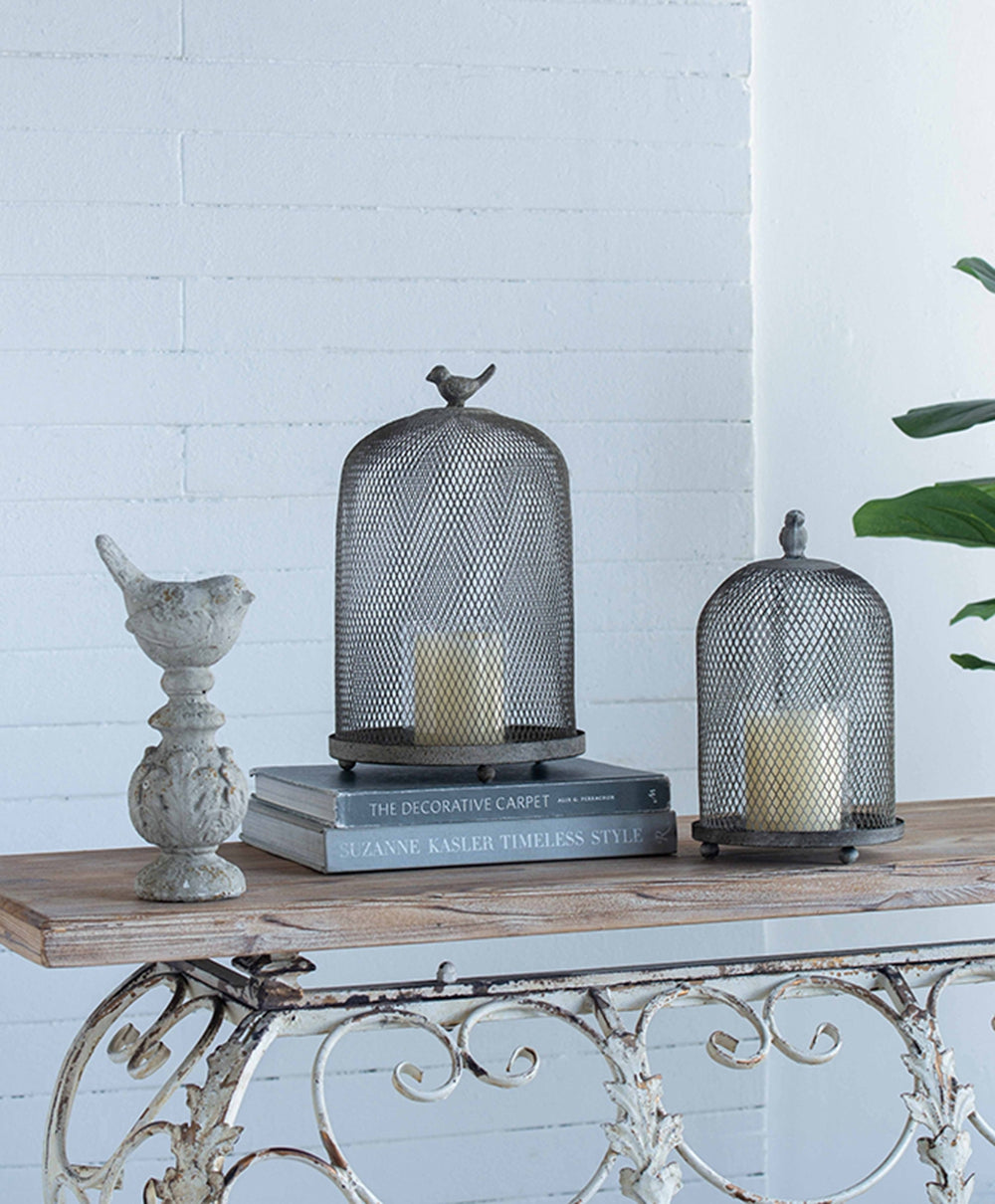 Candle Holder with a Bird Atop Domed Mesh, Set of 2