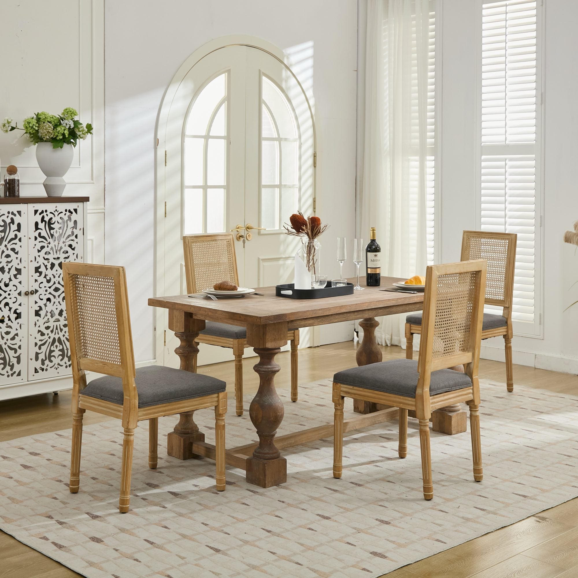 Louis French Country Dining Chairs with Square Rattan Backrest, Set of 2
