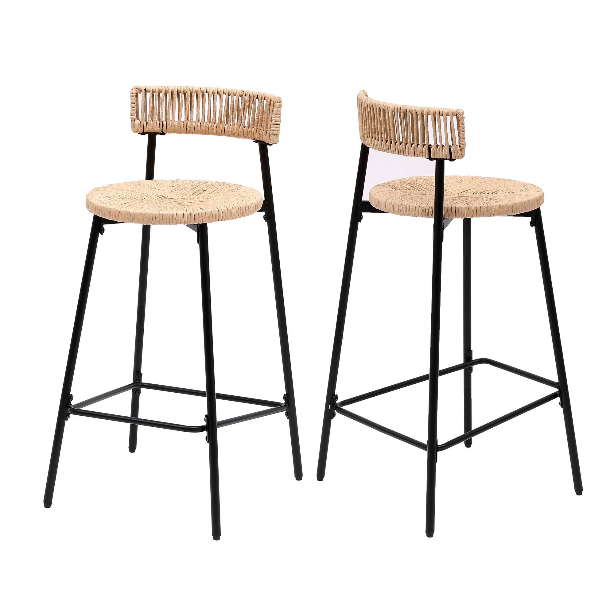 Boho Handwoven Paper Rope Counter Stools, Set of 2