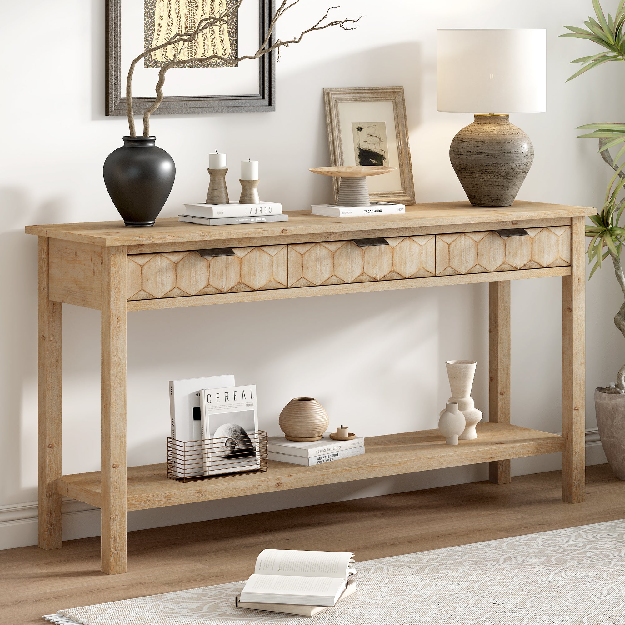 Honeycomb Pattern Console Table with 3 Drawers