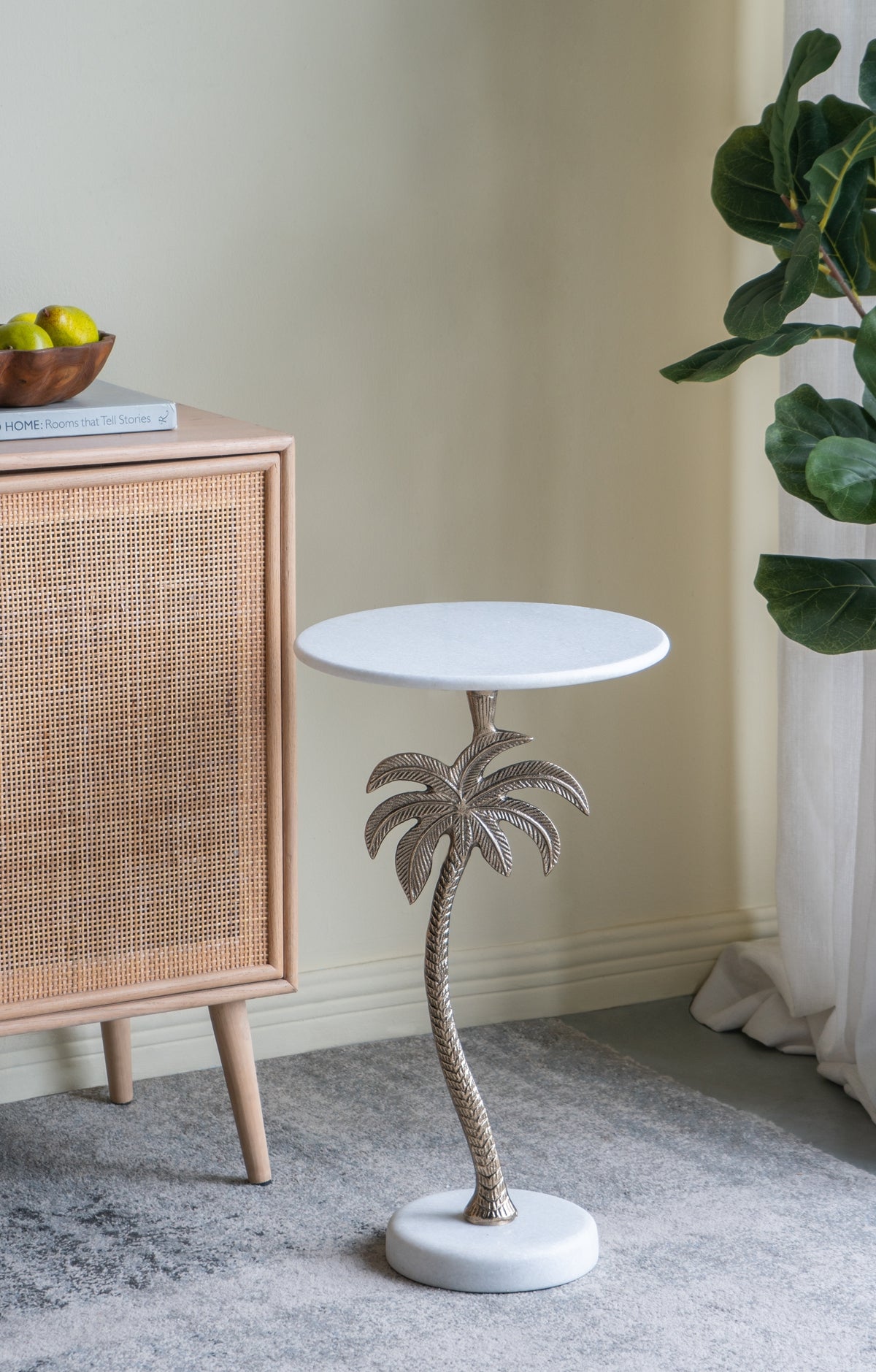 Round Side Table With White Marble Top And Gold Palm Tree Design