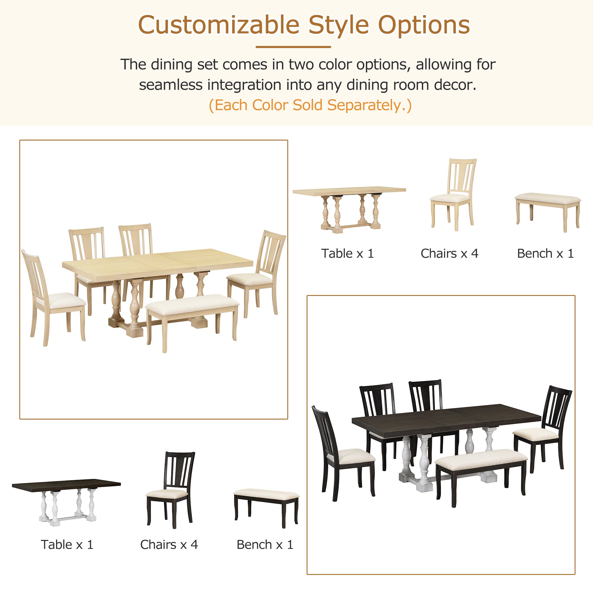 6-Piece Dining Set with Removable Leaf Table and Padded Dining Bench and 4 Chairs
