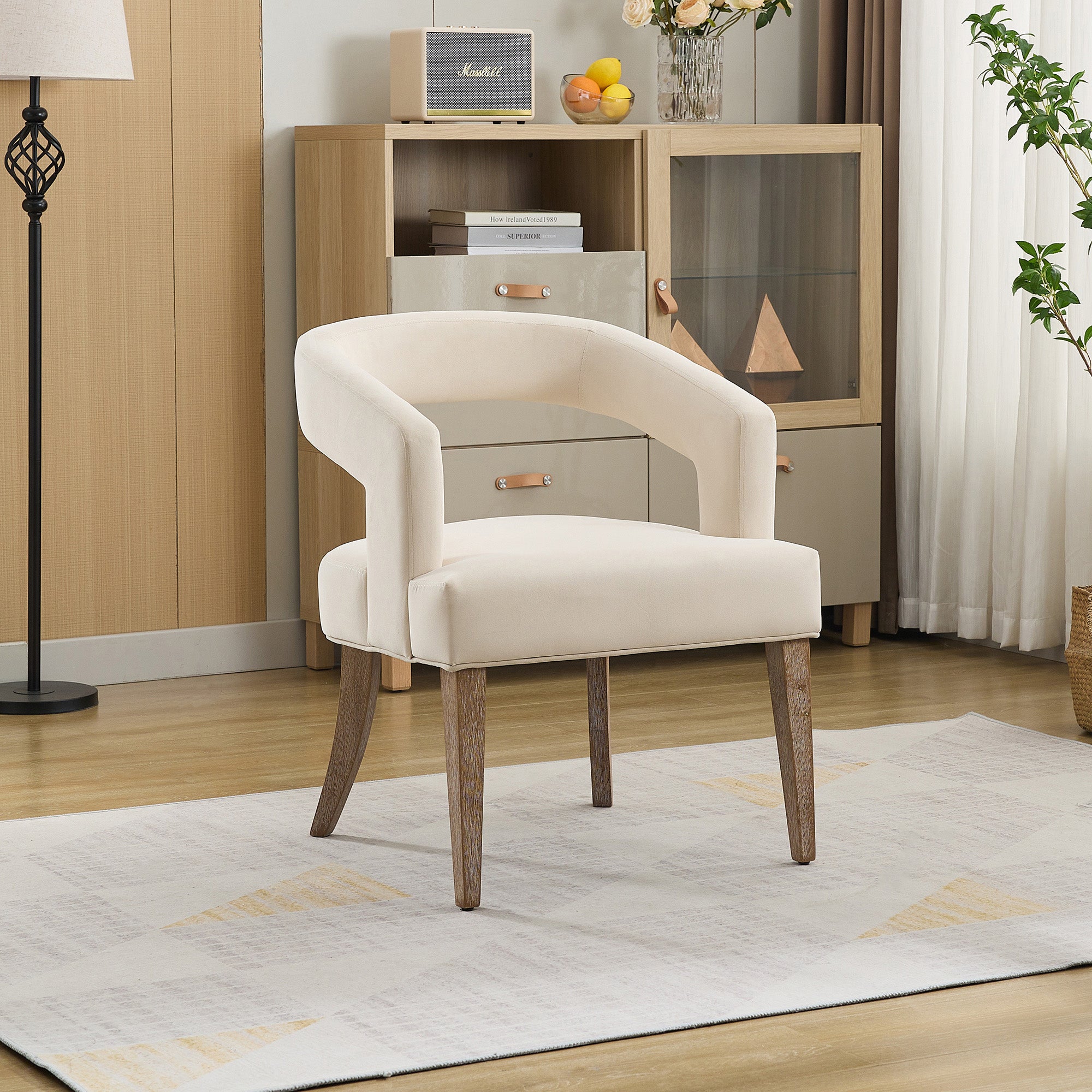 Open-Back Barrel Accent Chair with Velvet Upholstery and Weathered Solid Wood Legs