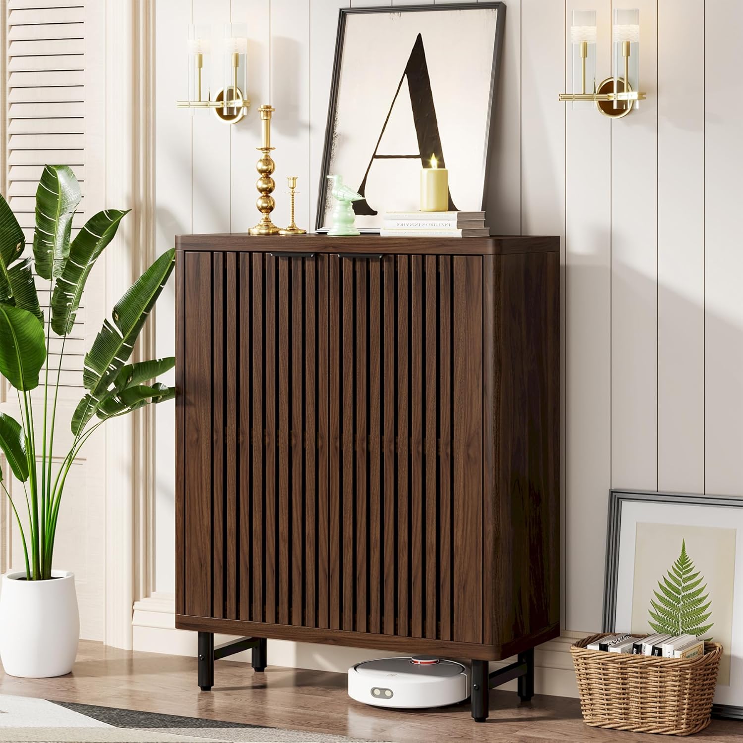 Modern Black Wooden 6-Tier Shoe Cabinet with Louvered Doors
