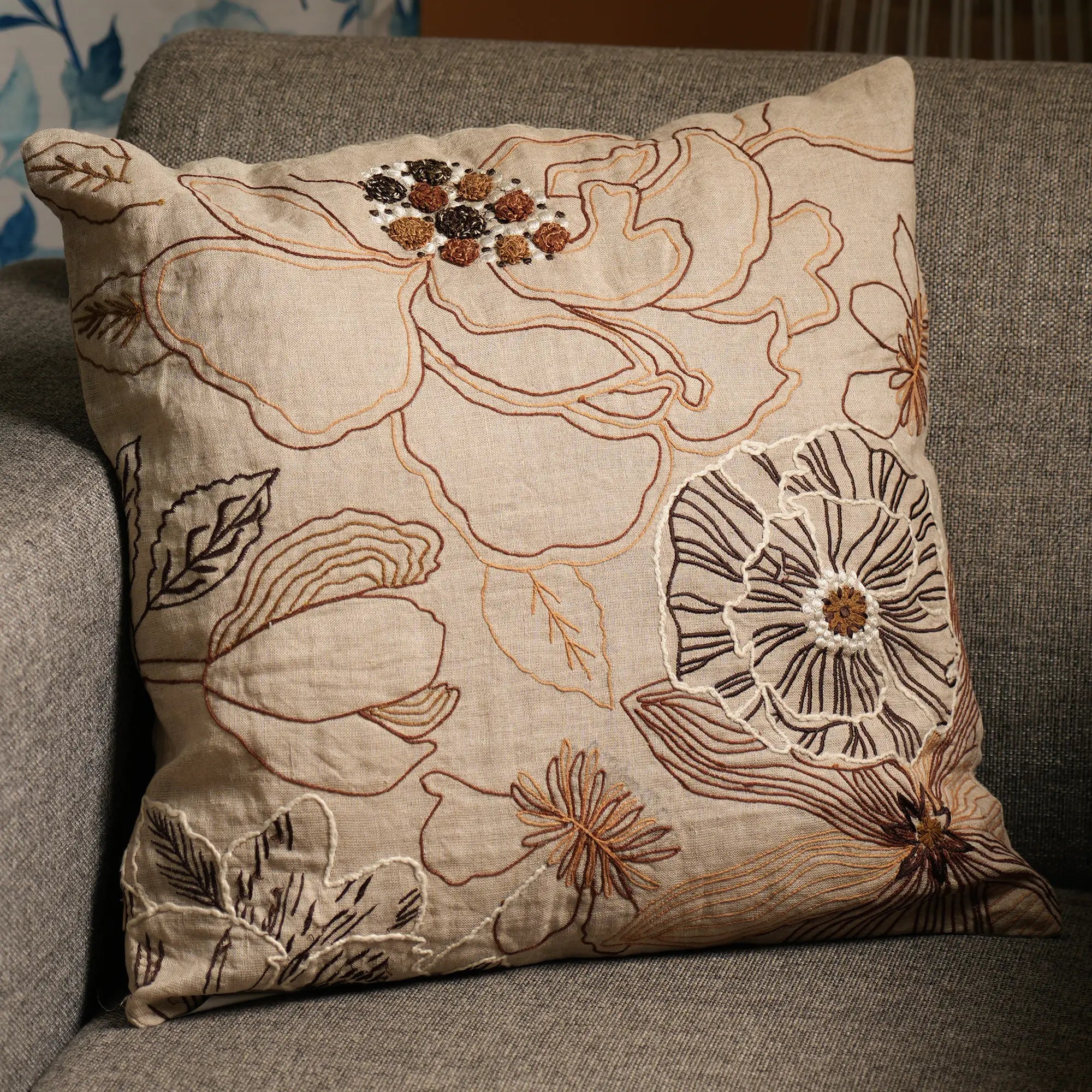 100% Linen Floral Embroidered Cushion