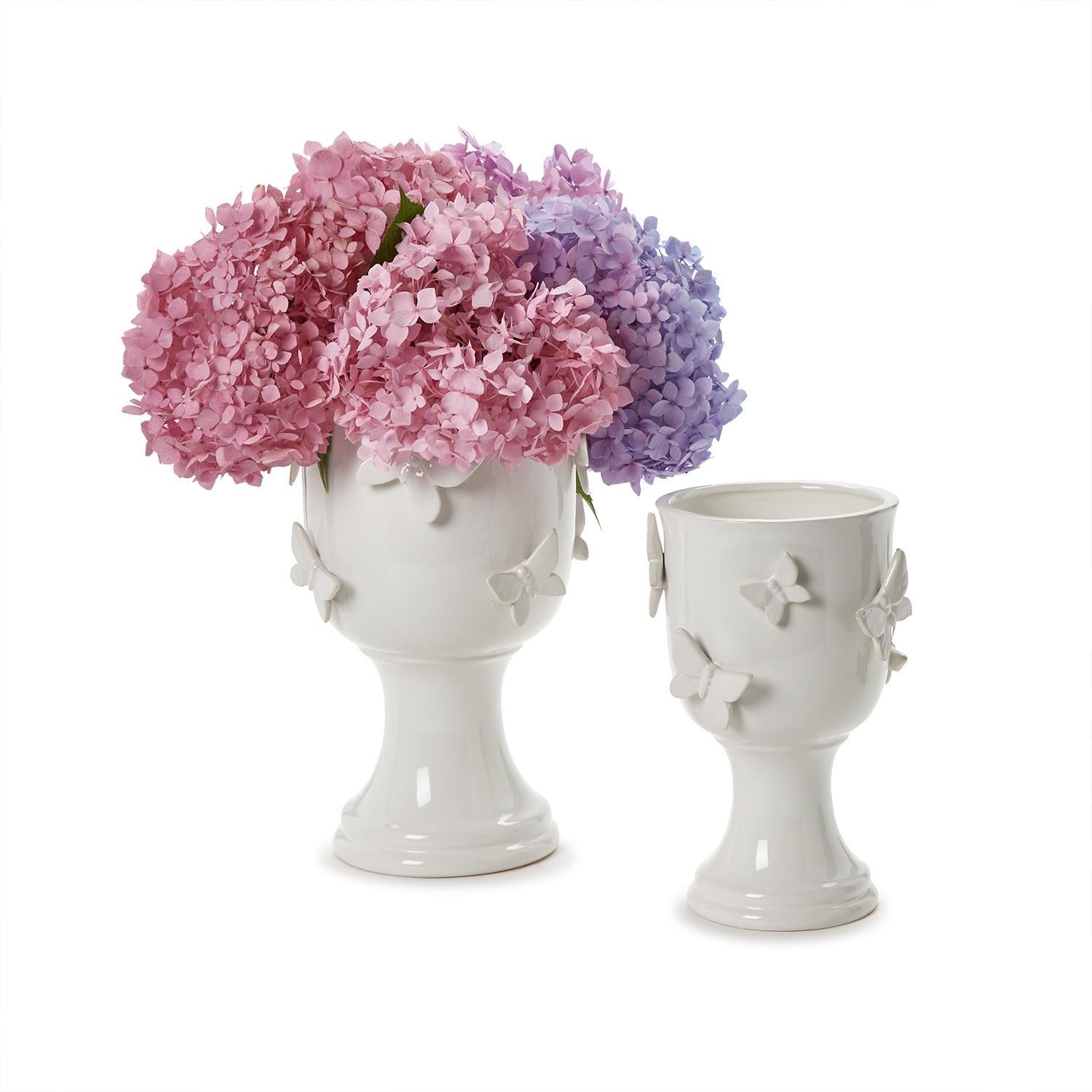Butterfly Pedestal Cachepots with Sculpted Butterflies, Set of 2
