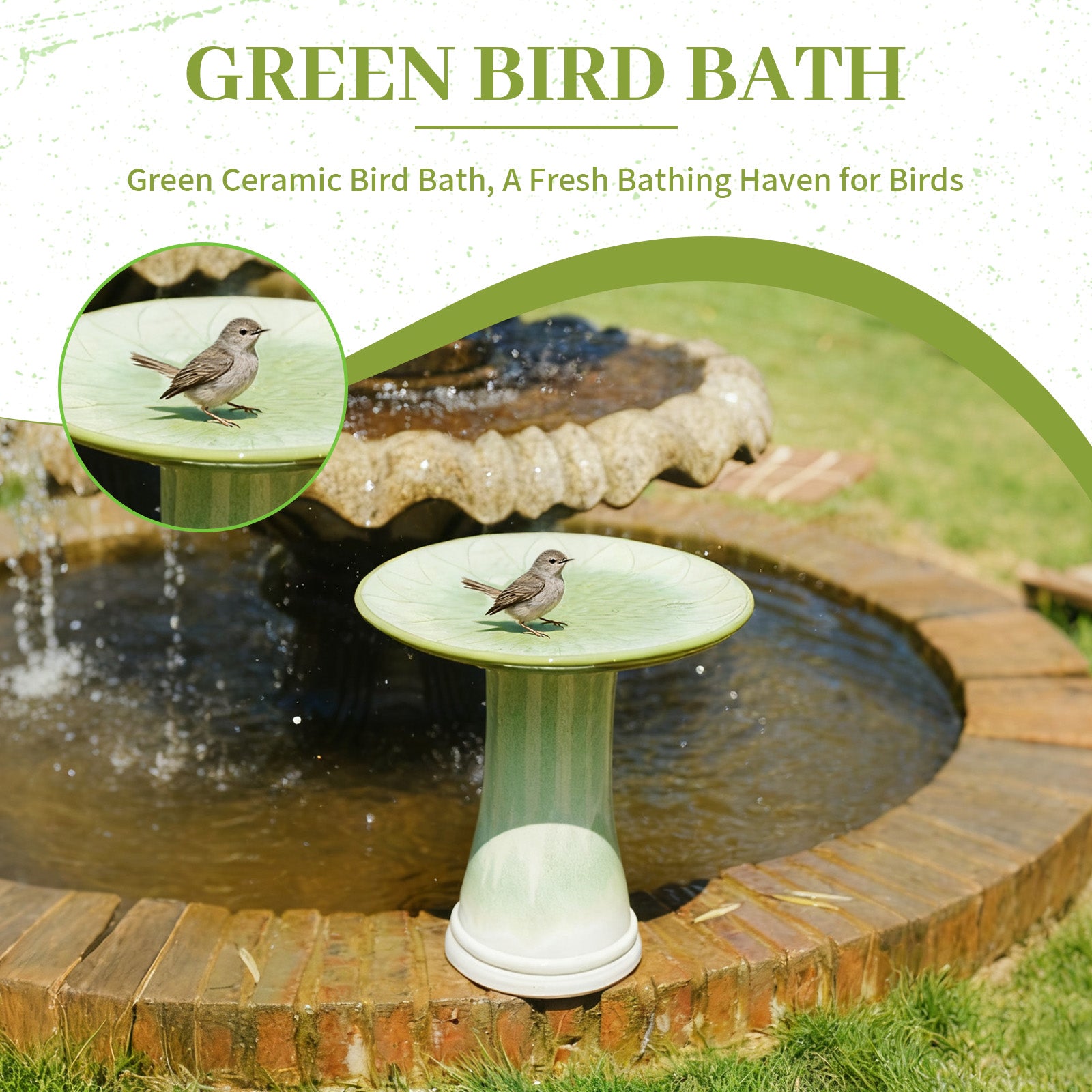 Handmade Green Gradient Glaze Ceramic Bird Bath