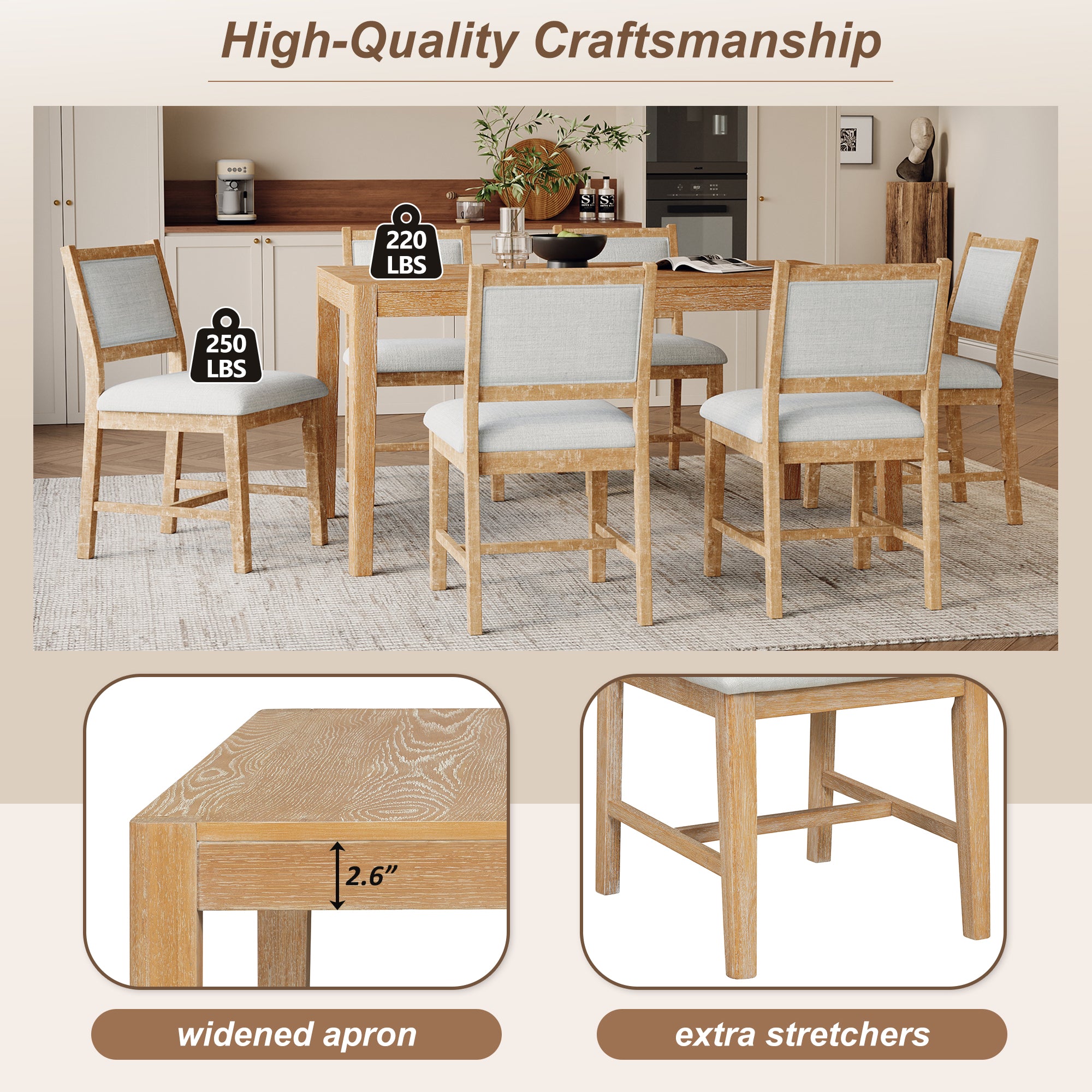 7-Piece Retro Dining Table Set with 6 Upholstered Chairs