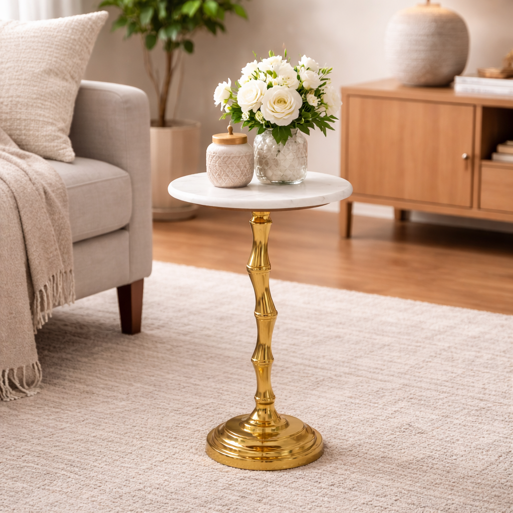 Bamboo Pattern Side Table with White Marble Top