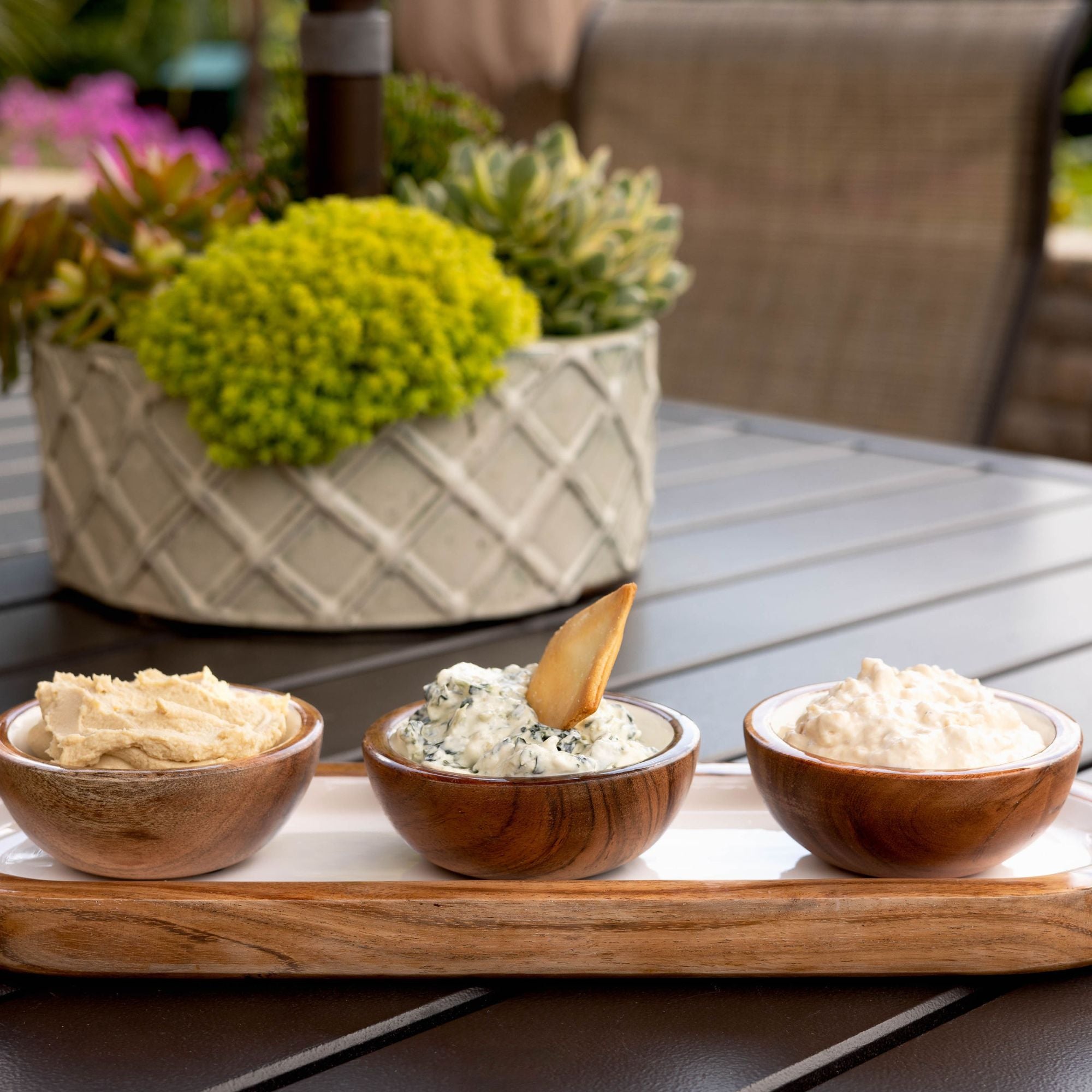 Jeanne Fitz Wood + White Collection Acacia Wood 3 Dipping Bowls and Tray