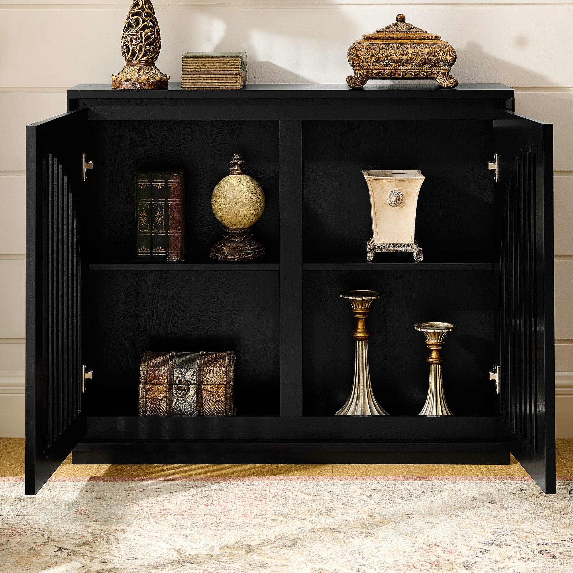 Mid-Century Modern Fluted Narrow Storage Cabinet with 2 Outlet Holes