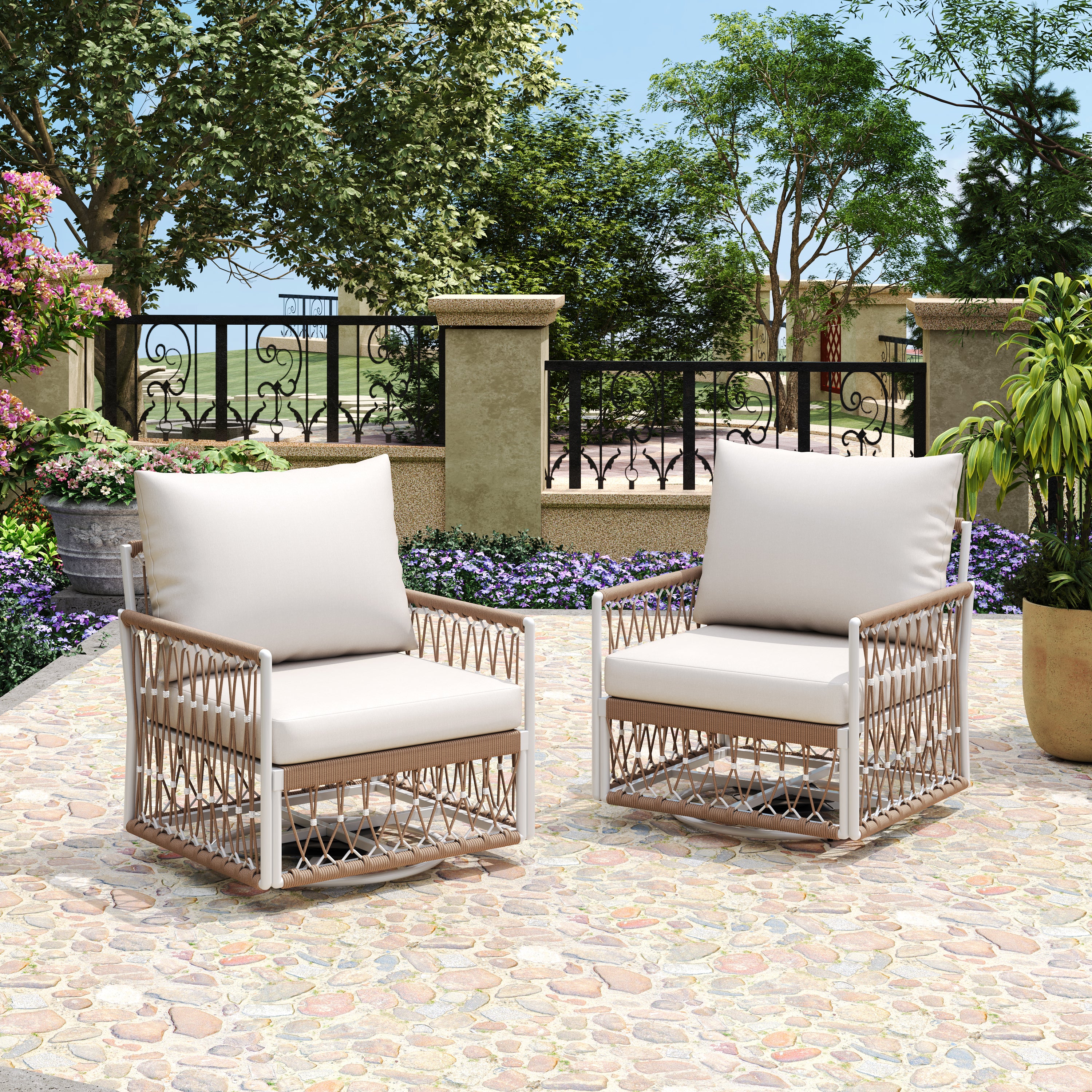 Caspian Outdoor Handwoven Rope Accent Swivel Chairs, Set of 2
