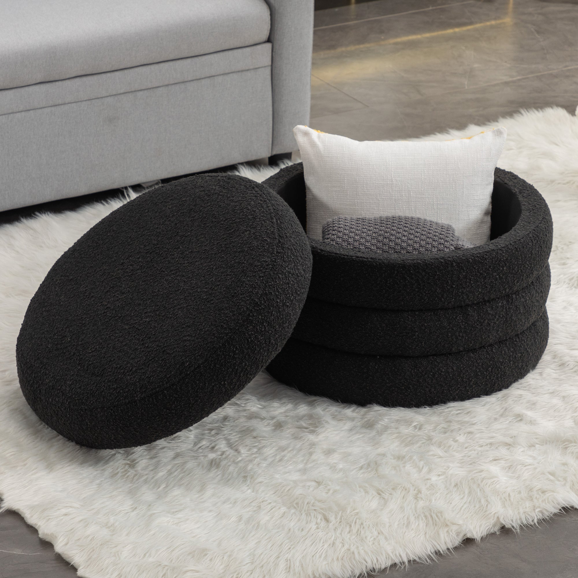 Boucle Storage Round Ottoman Footstool With Wooden Shelving