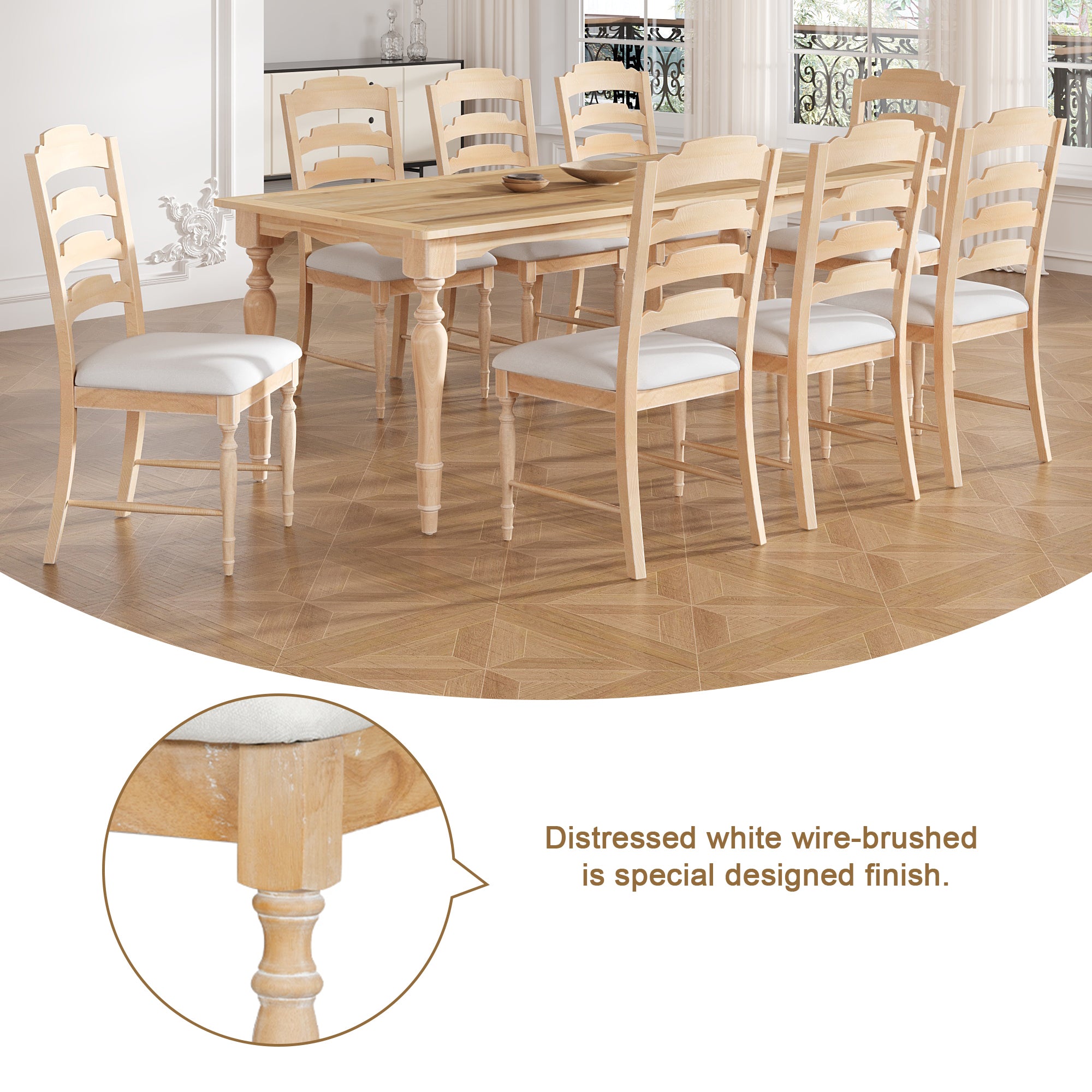 Foreverx 9-Piece Dining Set with Removable Leaf Table and 8 Upholstered Dining Chairs